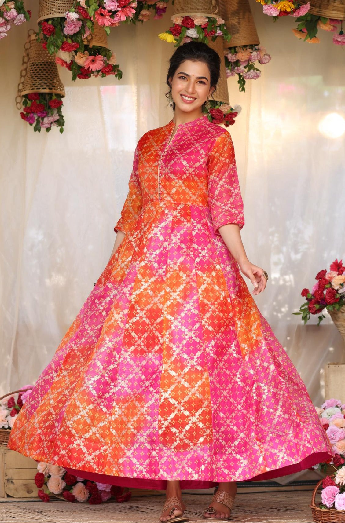 SWEET PINK BANDHANI BANDHEJ TIERED ANARKALI GOWN SET WITH AN EMBROIDERED  BELT PAIRED WITH A MATCHING DUPATTA AND SILVER EMBELLISHMENTS - Seasons  India