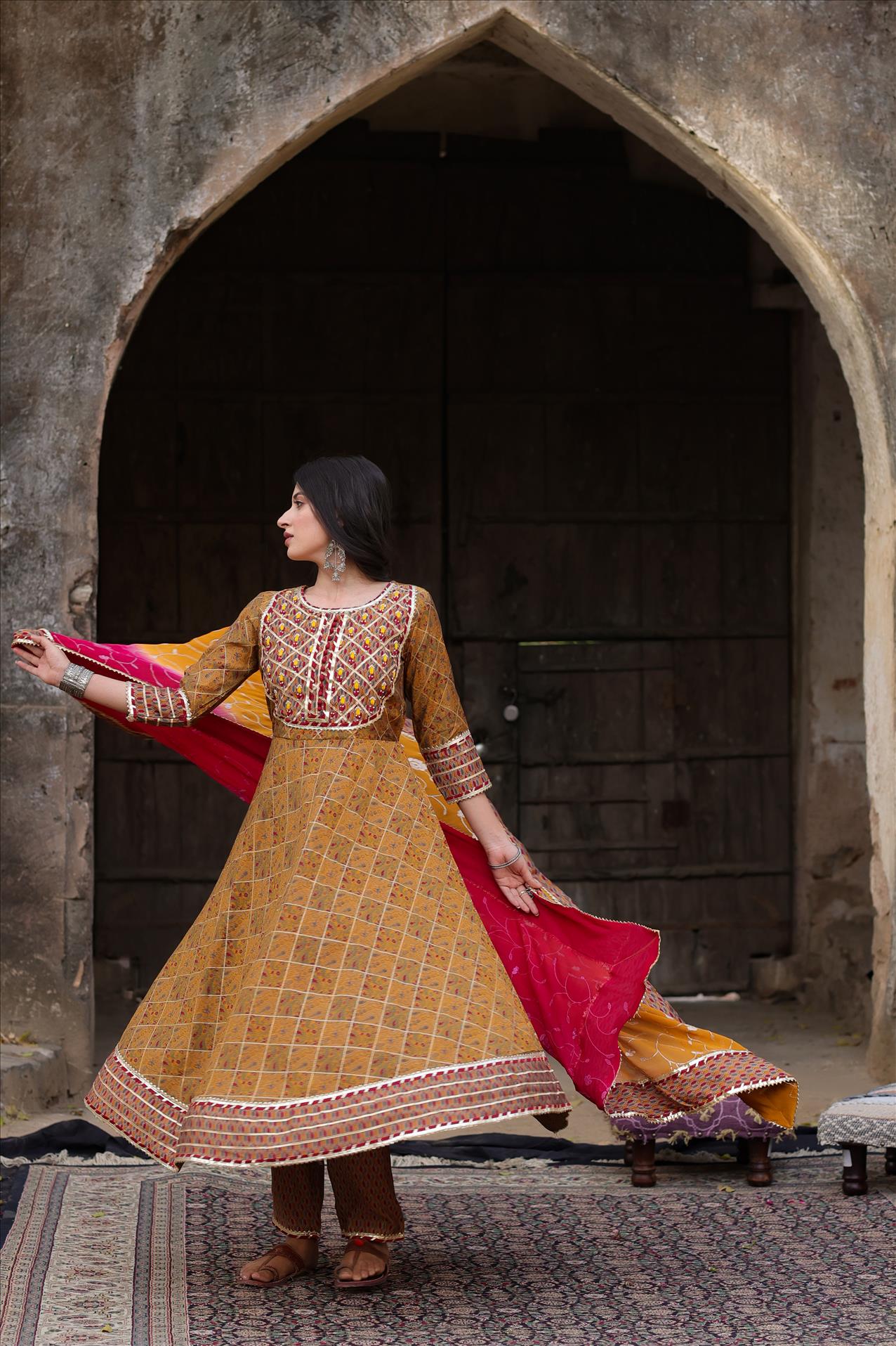 Mustard Muslin Printed Gota Anarkali Pant Heavy Dupatta Set