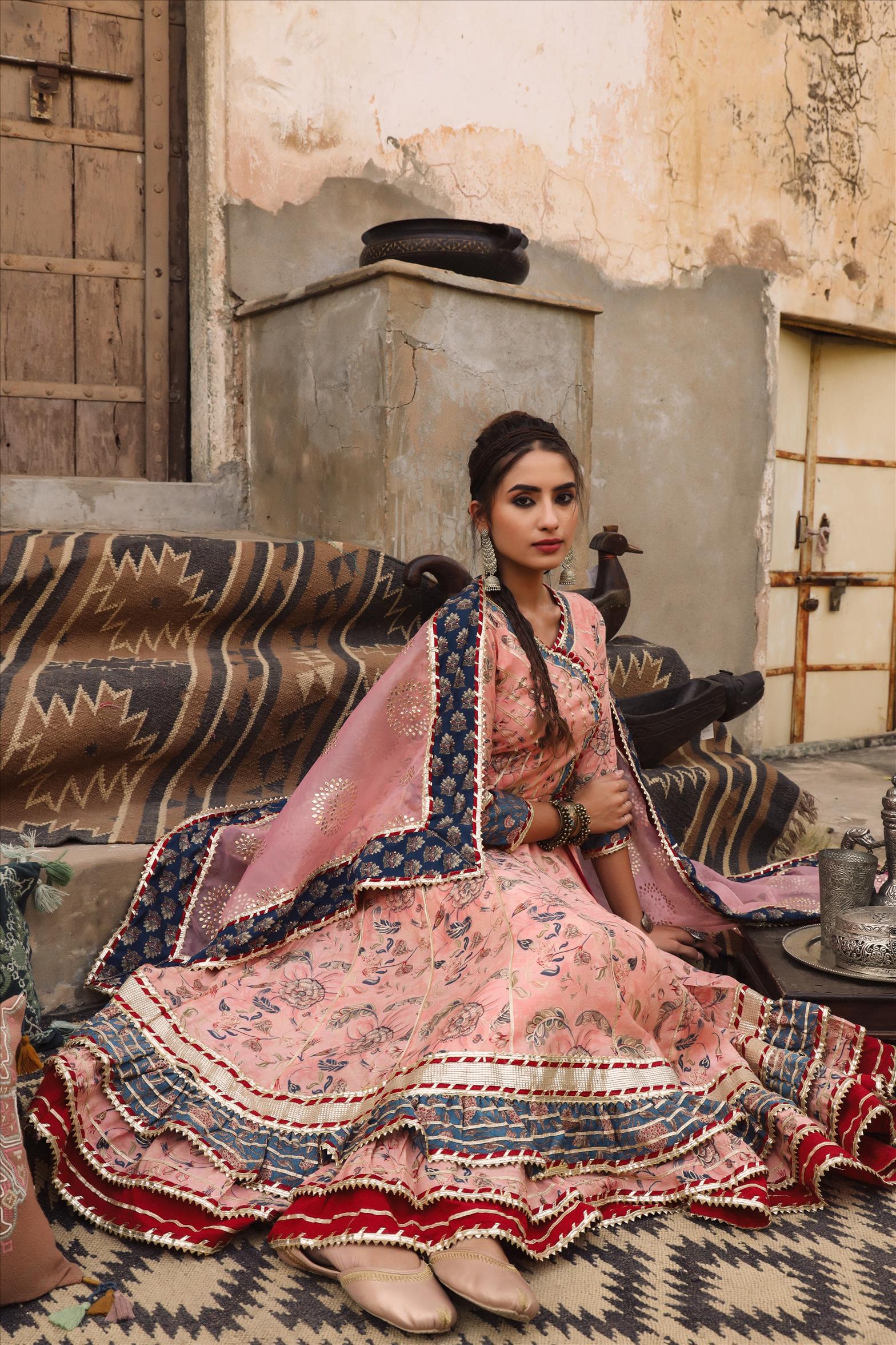 Pink Modal Muslin Silk Floral Angrakha Suit Set