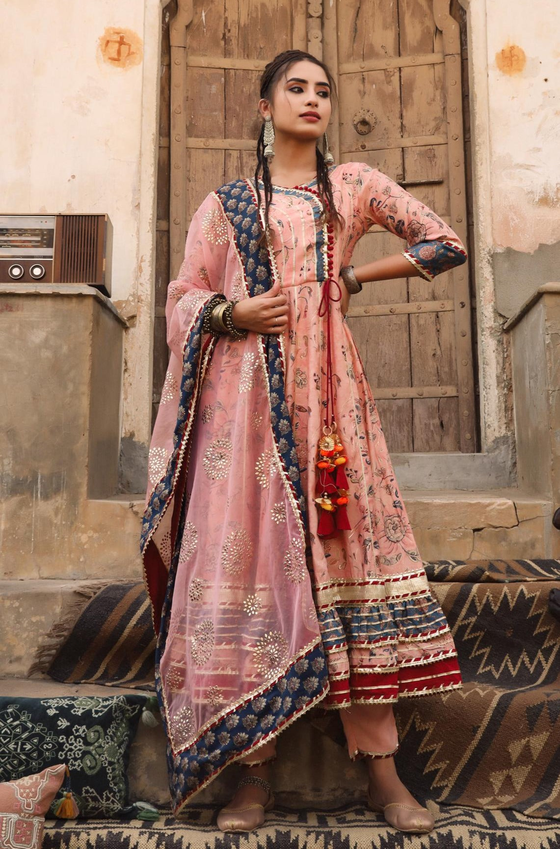 Pink Modal Muslin Silk Floral Angrakha Suit Set