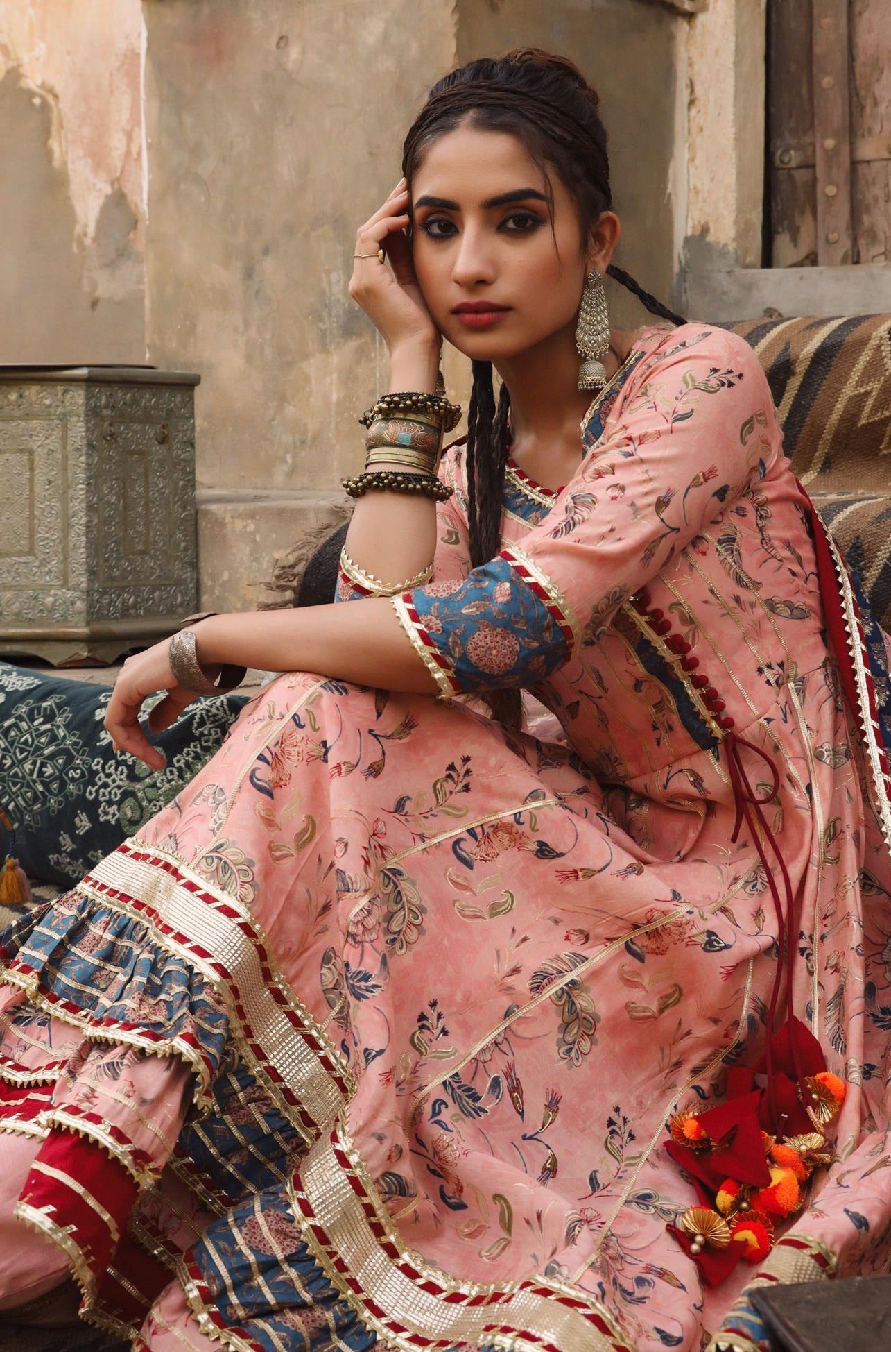 Pink Modal Muslin Silk Floral Angrakha Suit Set