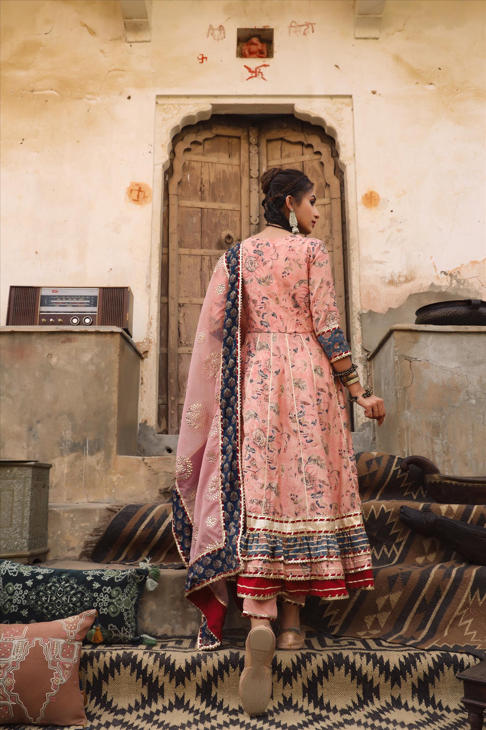 Pink Modal Muslin Silk Floral Angrakha Suit Set