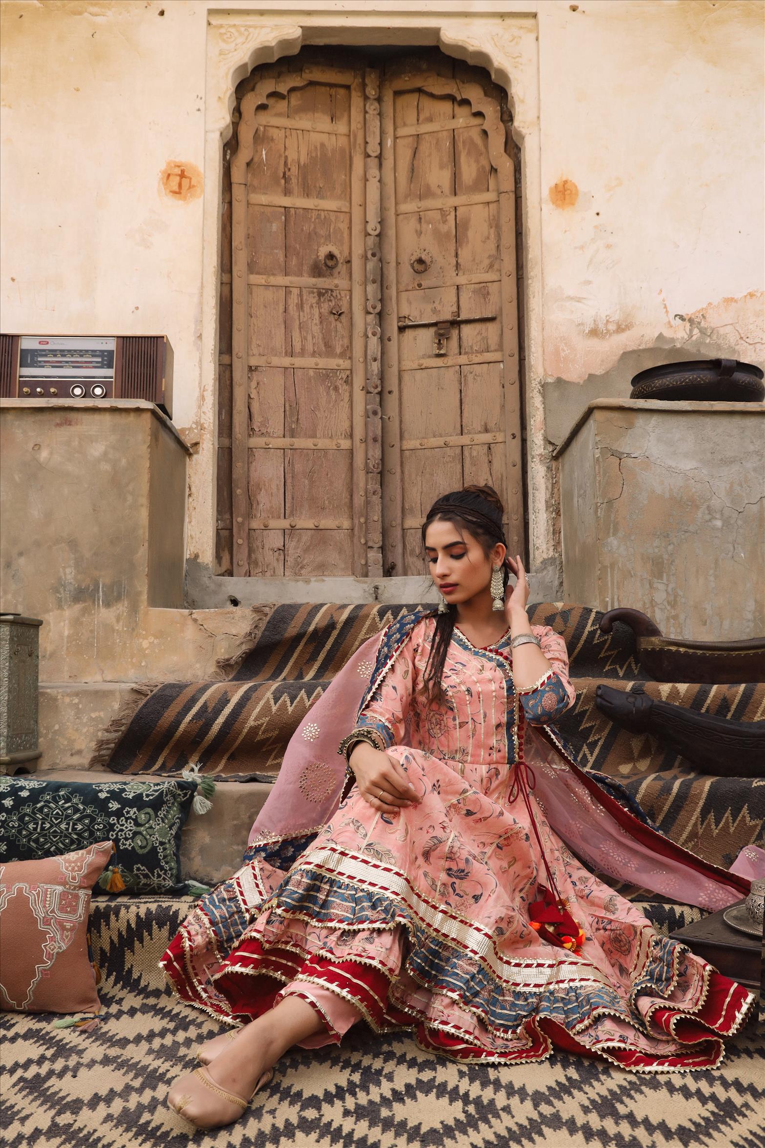 Pink Modal Muslin Silk Floral Angrakha Suit Set