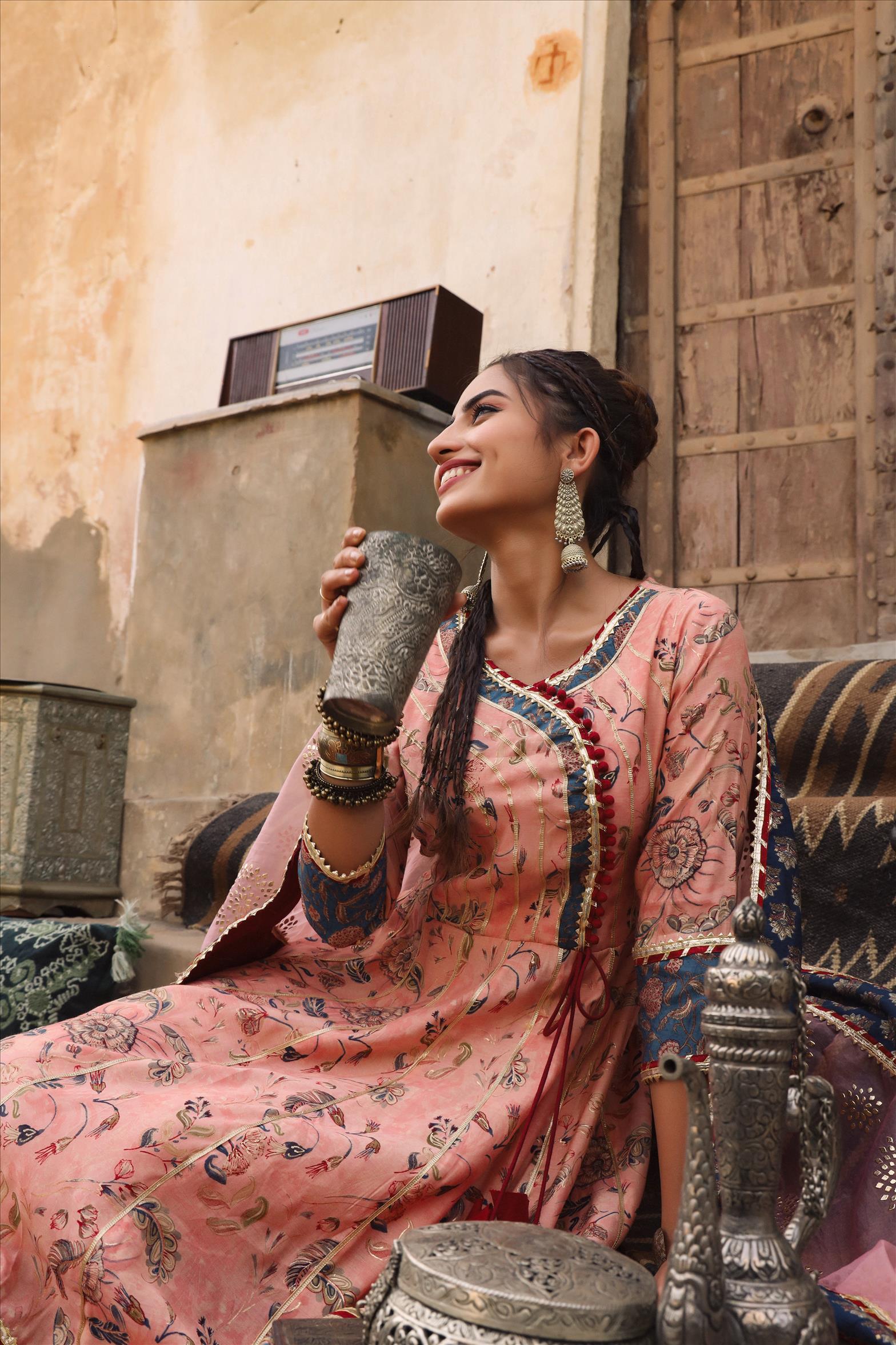 Pink Modal Muslin Silk Floral Angrakha Suit Set