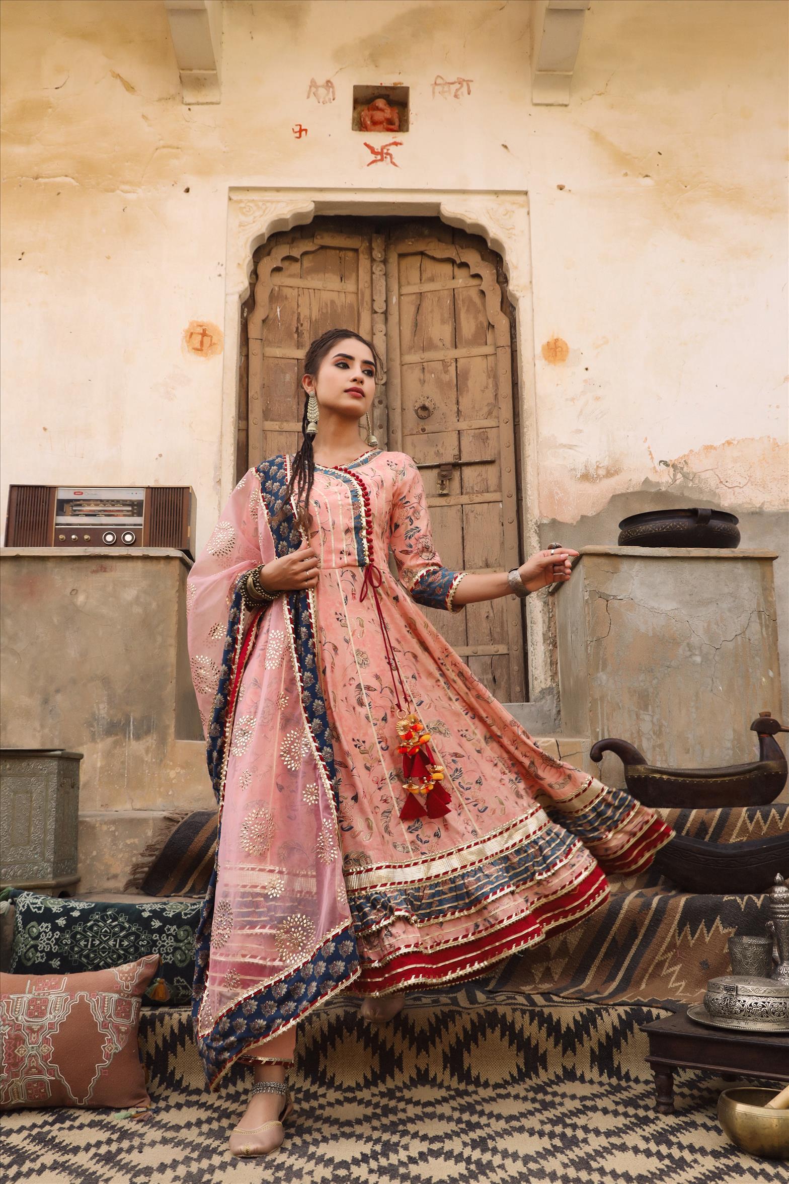 Pink Modal Muslin Silk Floral Angrakha Suit Set
