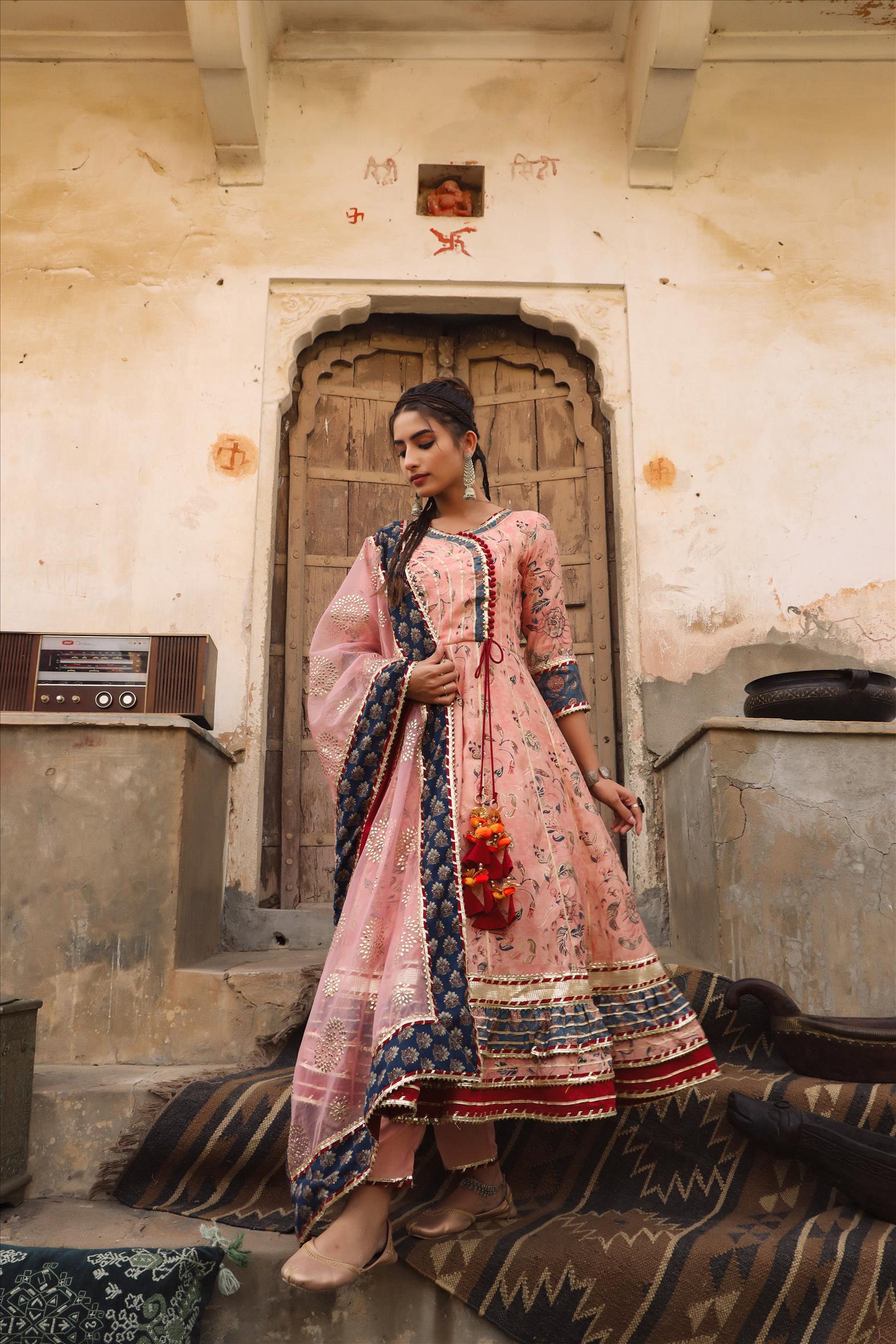 Pink Modal Muslin Silk Floral Angrakha Suit Set