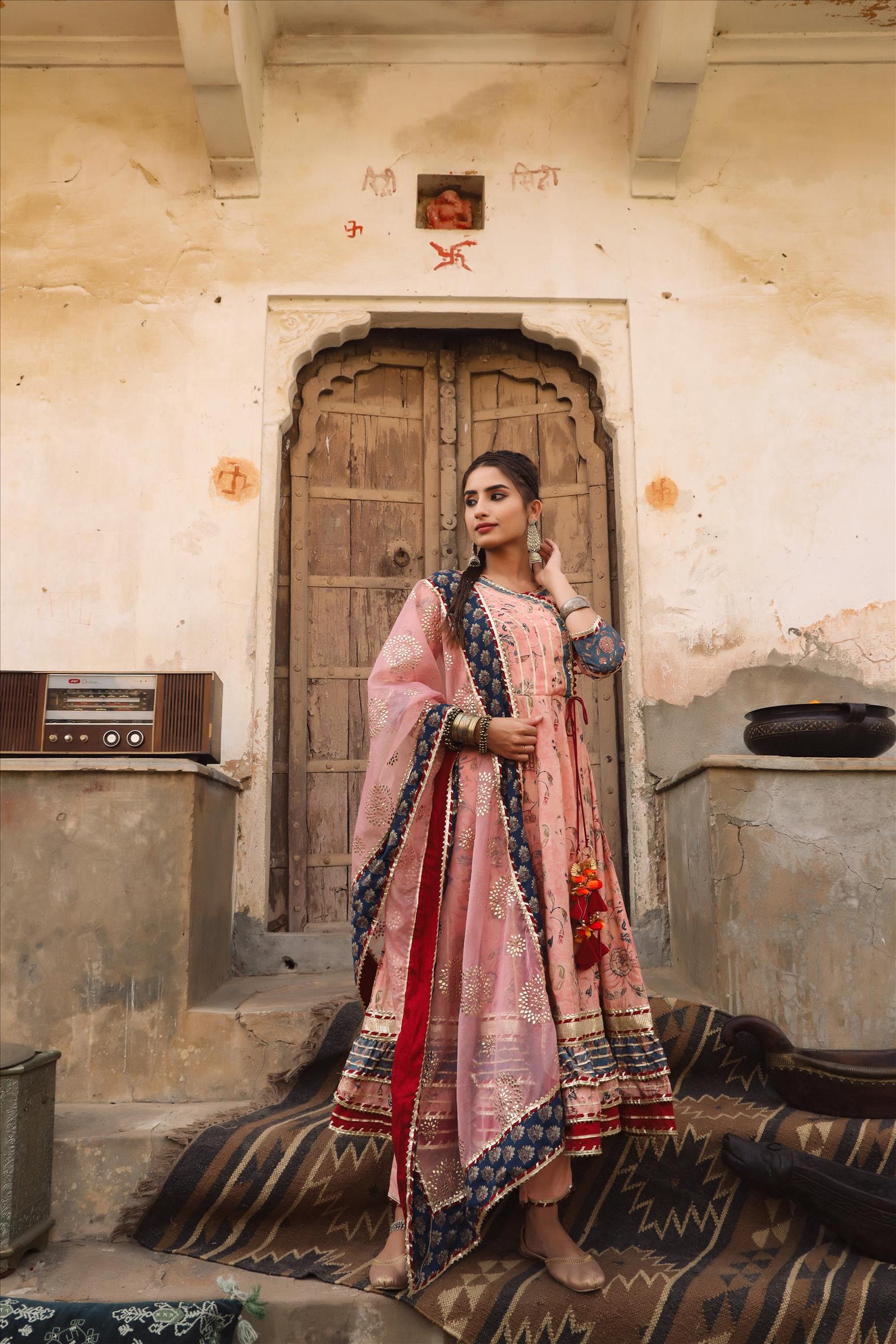 Pink Modal Muslin Silk Floral Angrakha Suit Set