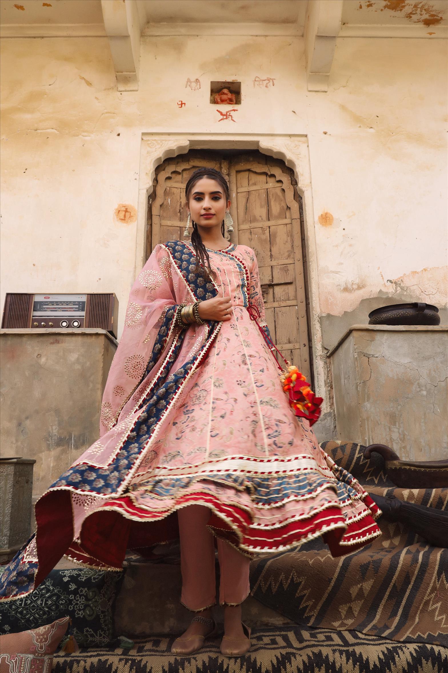 Pink Modal Muslin Silk Floral Angrakha Suit Set