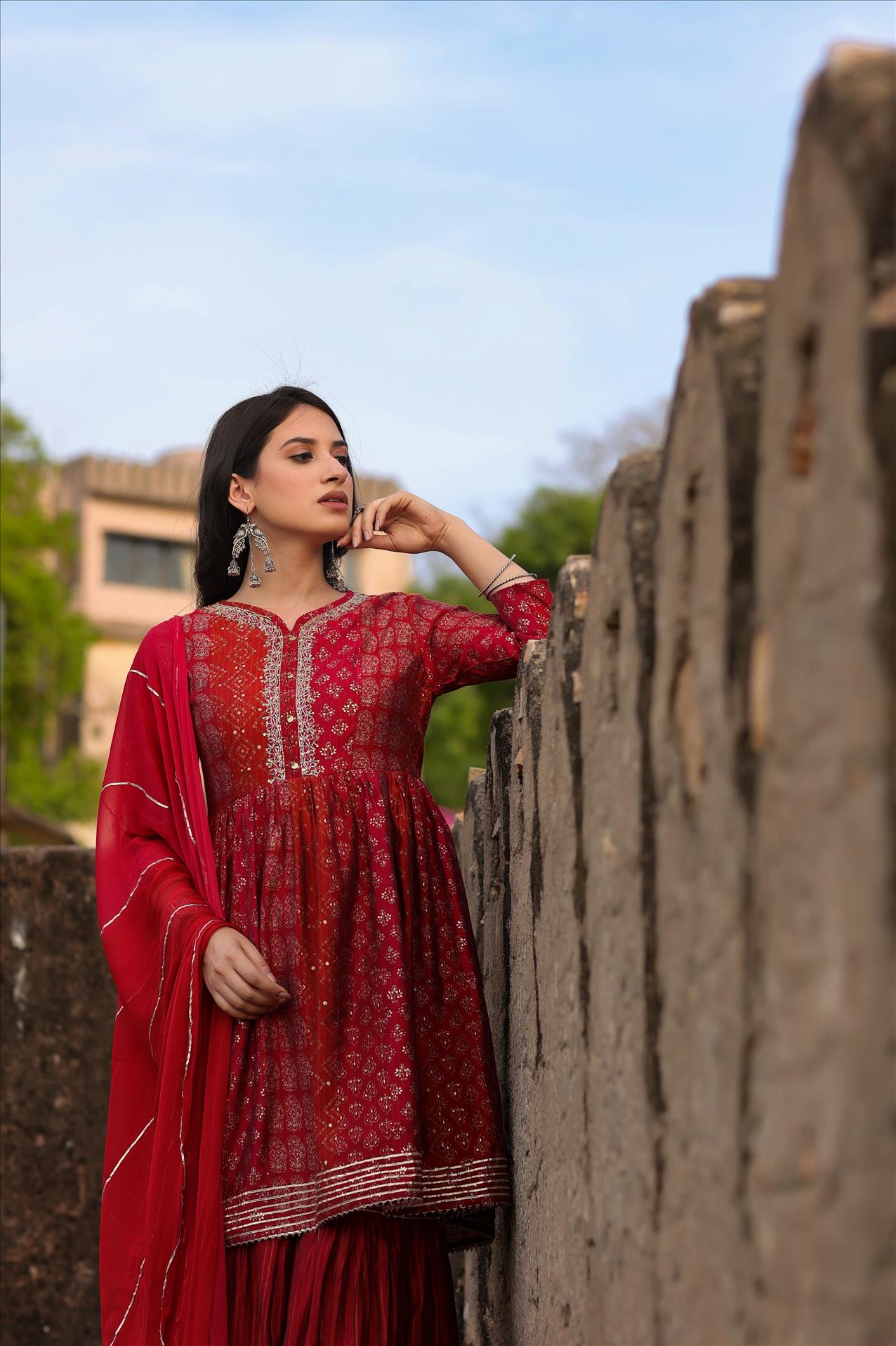 Red Muslin Foil Print Gota Peplum Sharara Dupatta Set