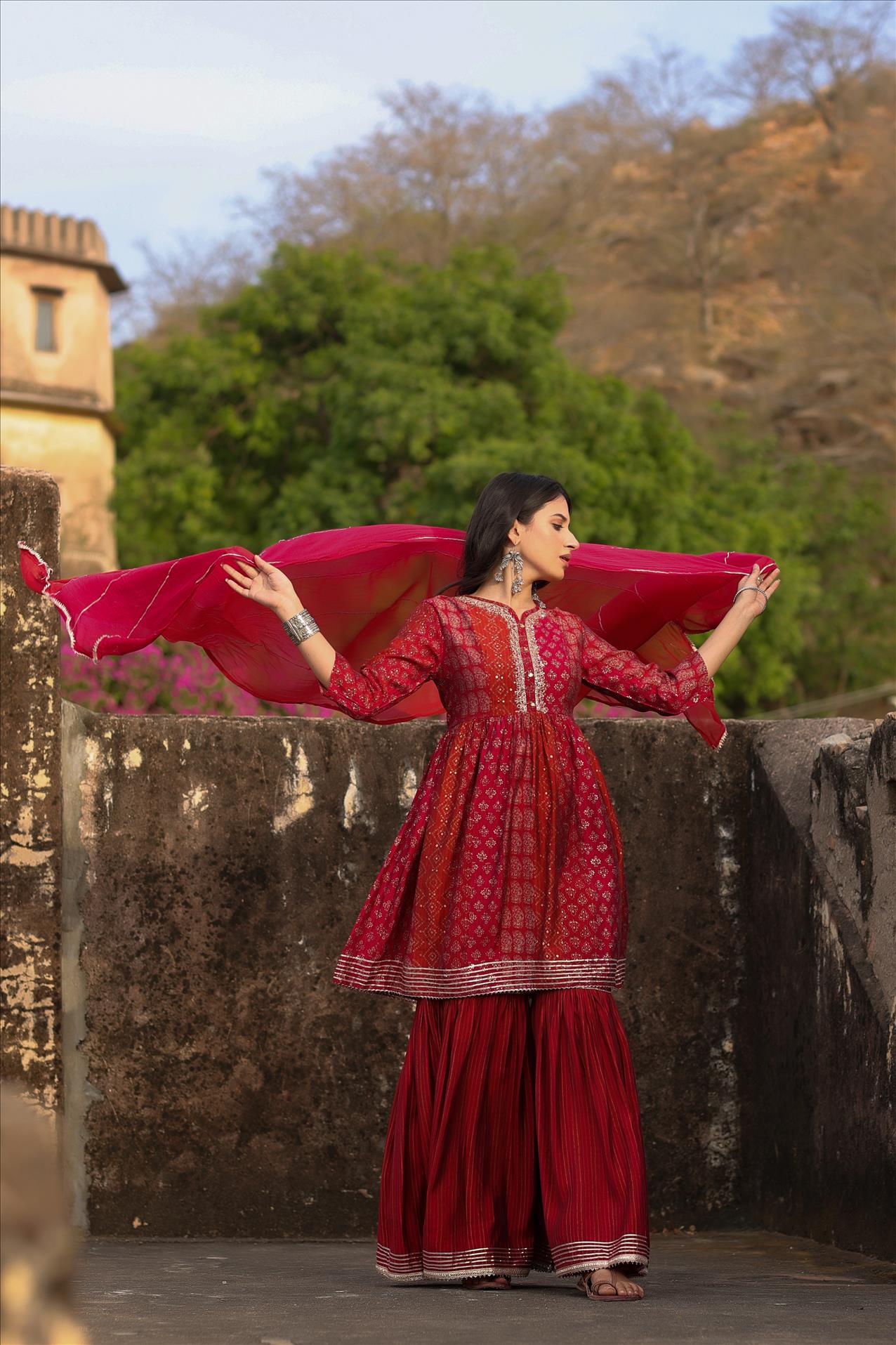 Red Muslin Foil Print Gota Peplum Sharara Dupatta Set