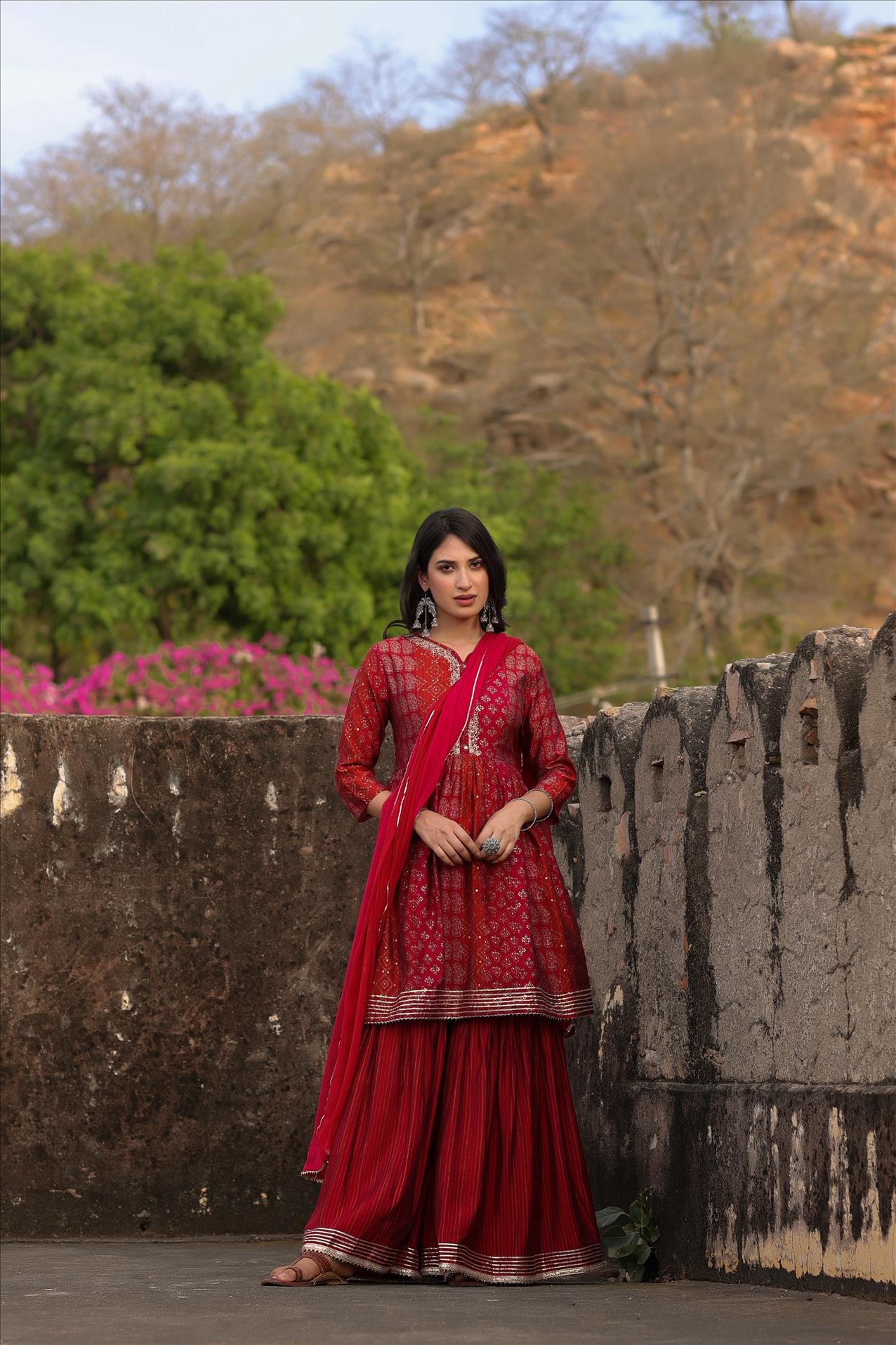 Red Muslin Foil Print Gota Peplum Sharara Dupatta Set