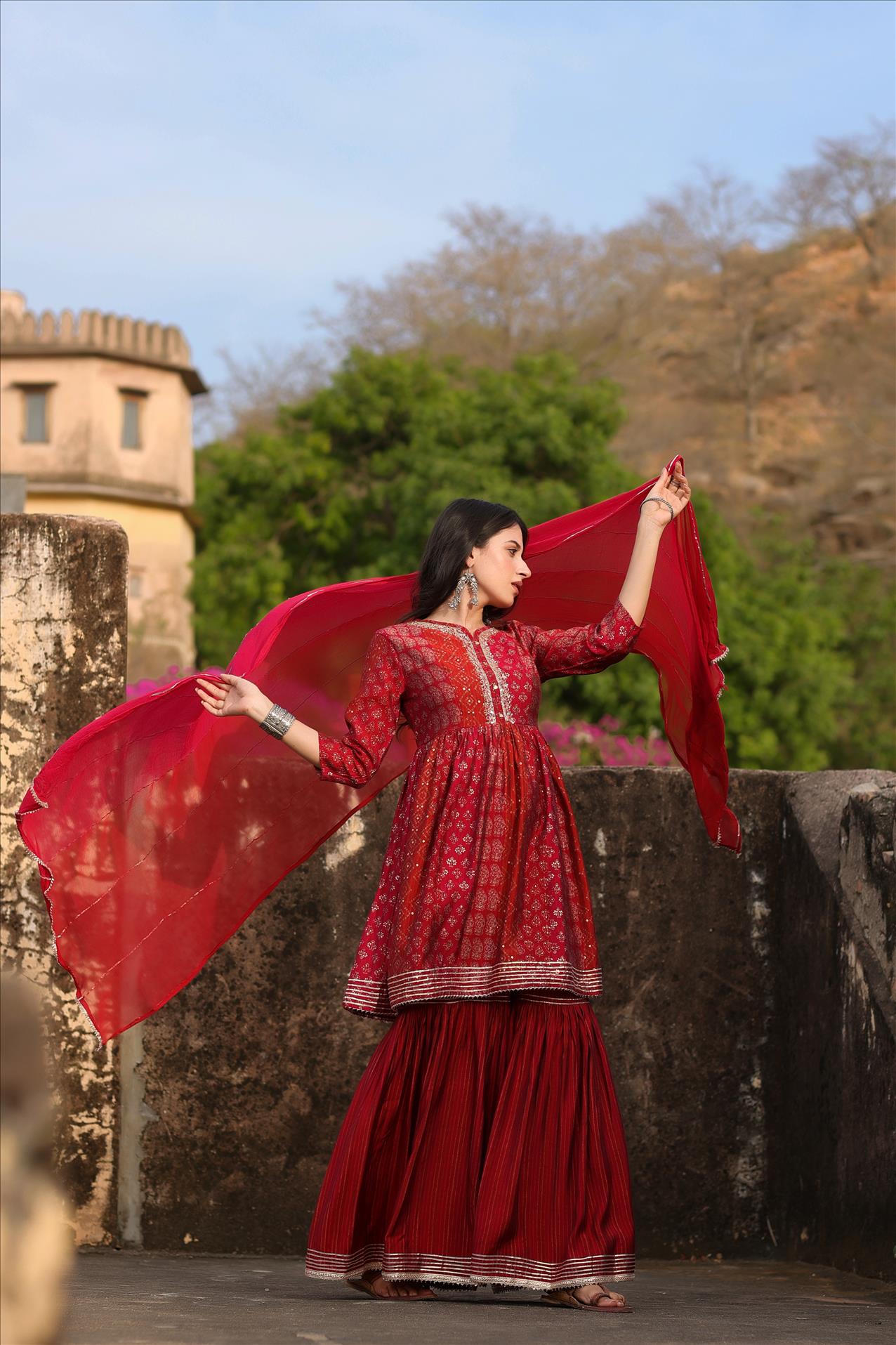 Red Muslin Foil Print Gota Peplum Sharara Dupatta Set