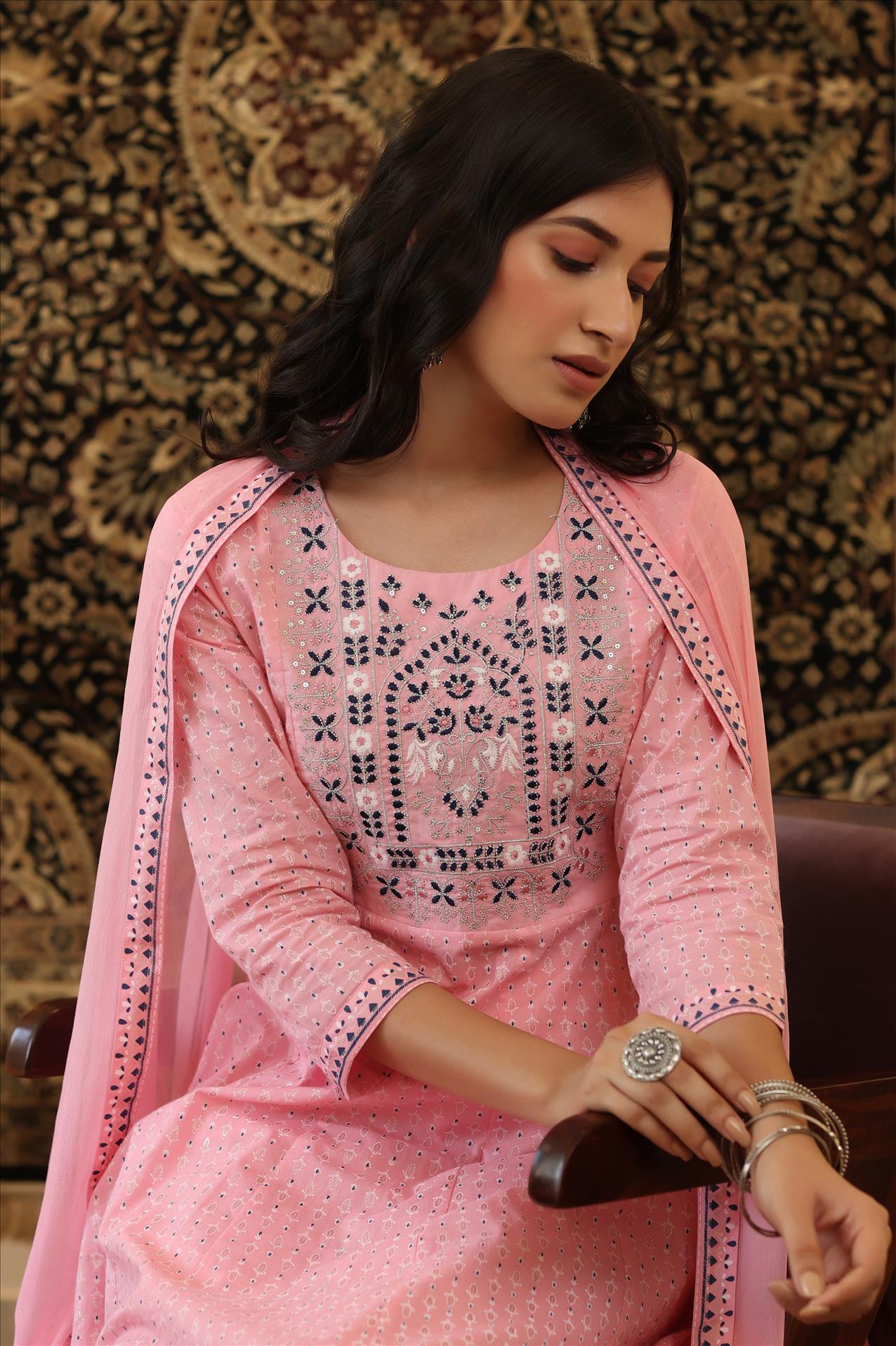 Pink Cotton Embroidered Yoke Design Anarkali Pant Dupatta Suit Set (3 Pc)