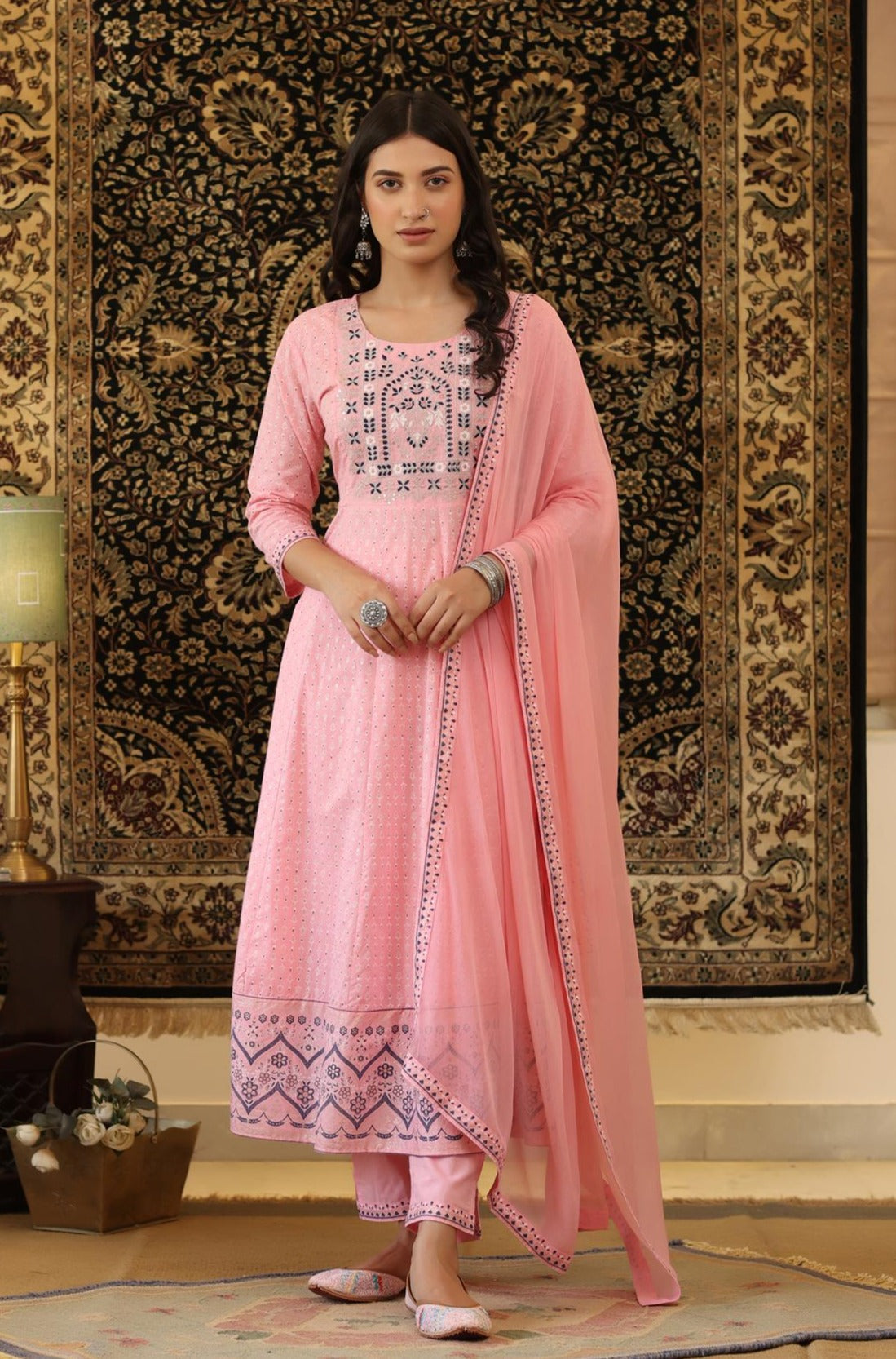 Pink Cotton Embroidered Yoke Design Anarkali Pant Dupatta Suit Set (3 Pc)
