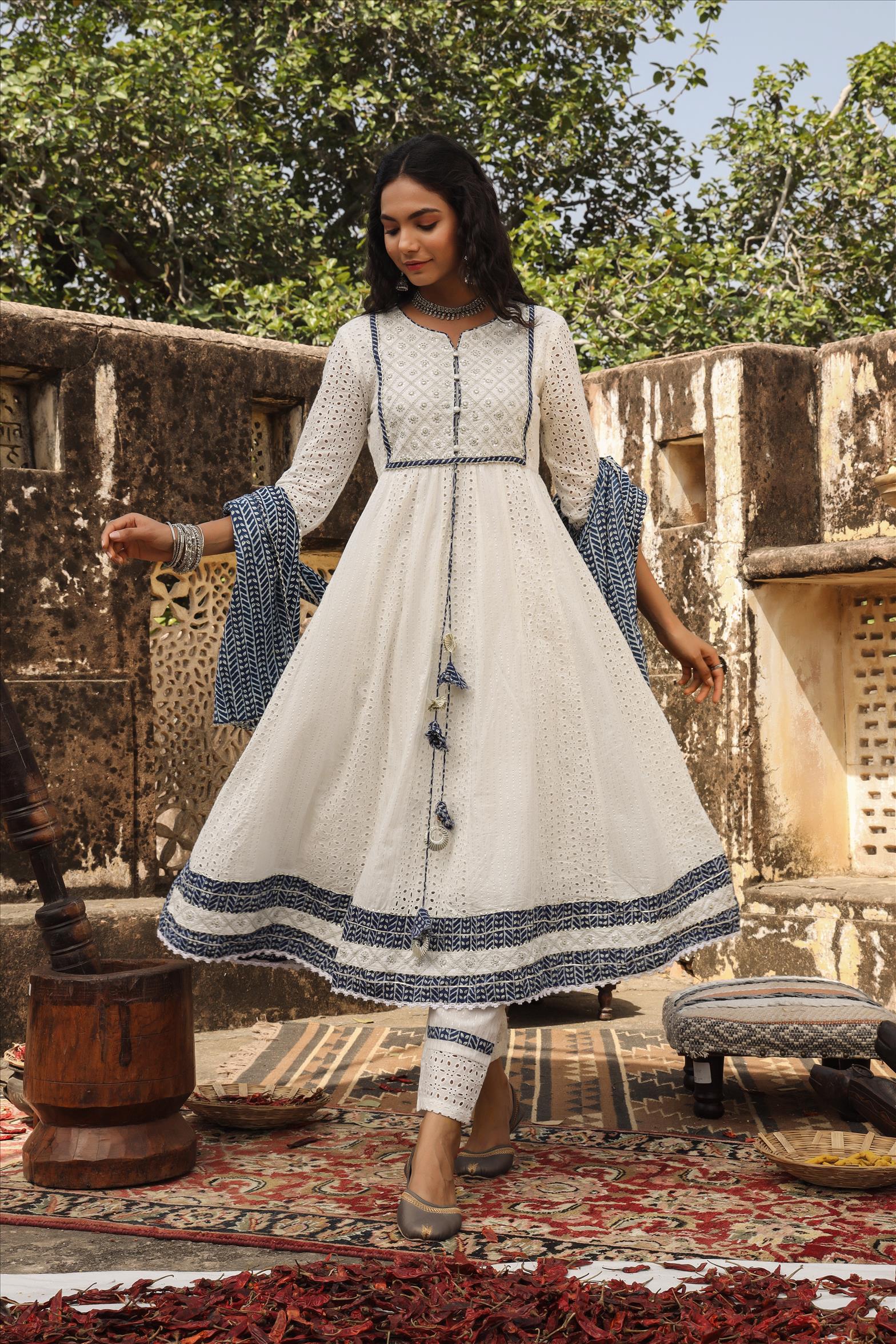 Buy Bunaai White Designer Anarkali Suit Set For Women Online