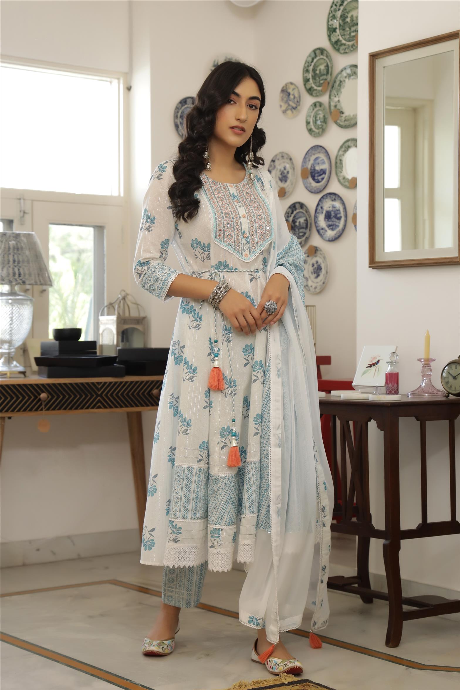 White Cotton Lurex Floral Print Anarkali Pant Dupatta Suit Set (3 Pc)