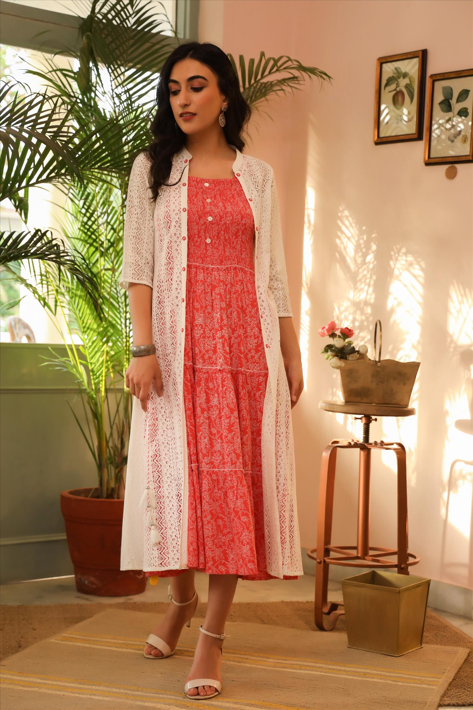 Red Rayon Floral Print Smoking Tiered Dress With Cotton Net Jacket (2 Pc)