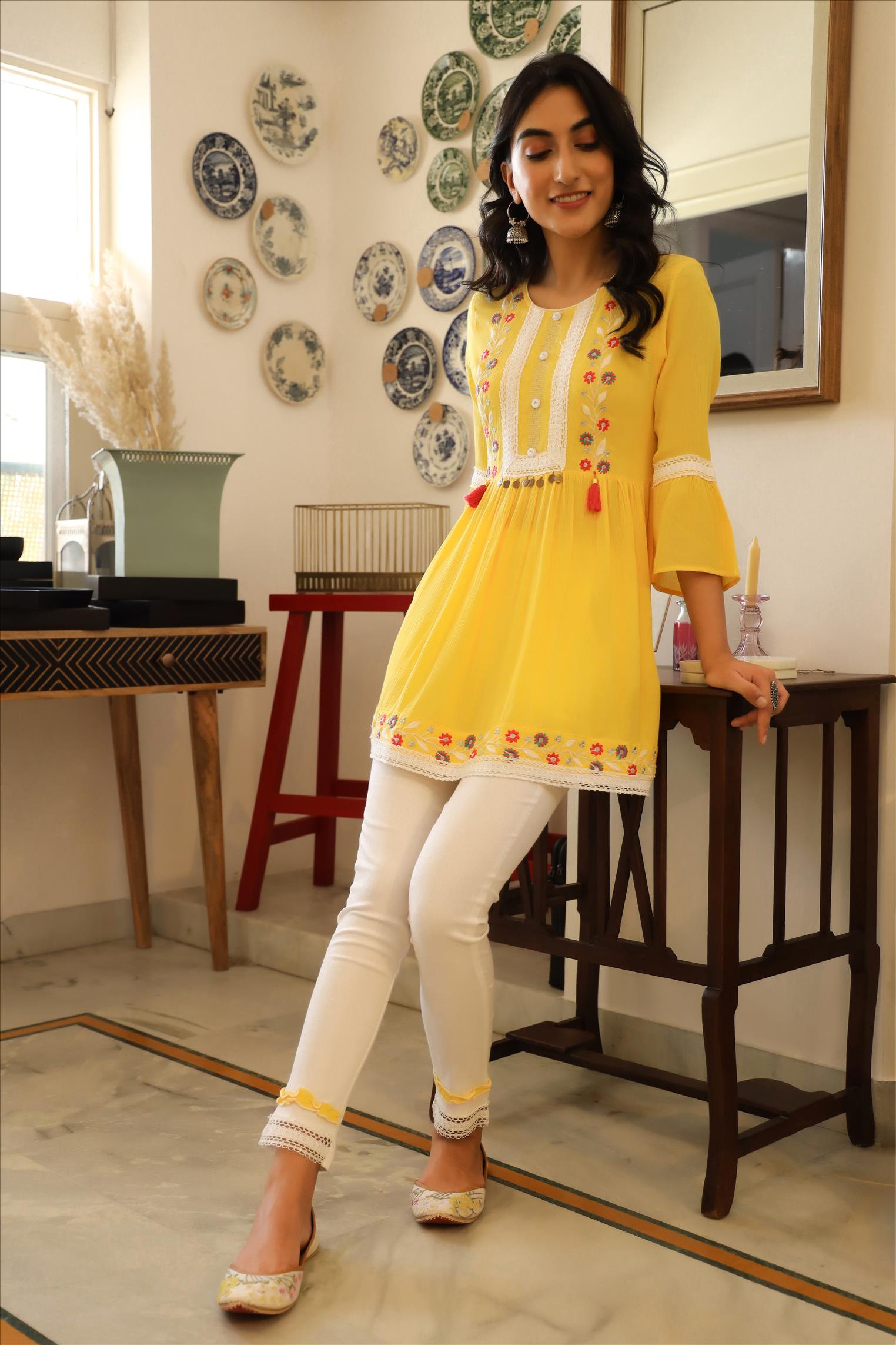 YELLOW RAYON CREPE EMBROIDERED KURTI WITH TROUSERS SET (2 PC)