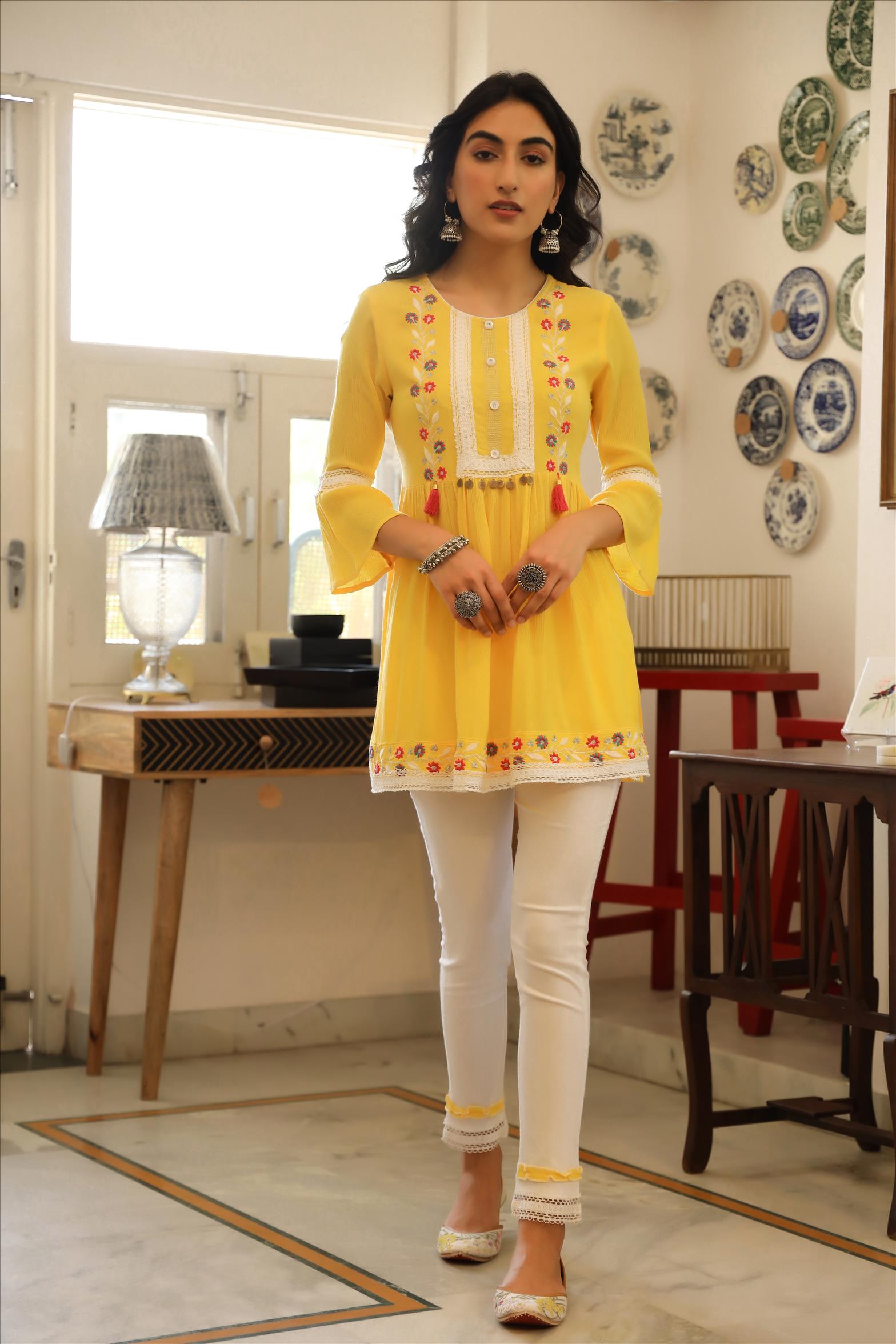 YELLOW RAYON CREPE EMBROIDERED KURTI WITH TROUSERS SET (2 PC)