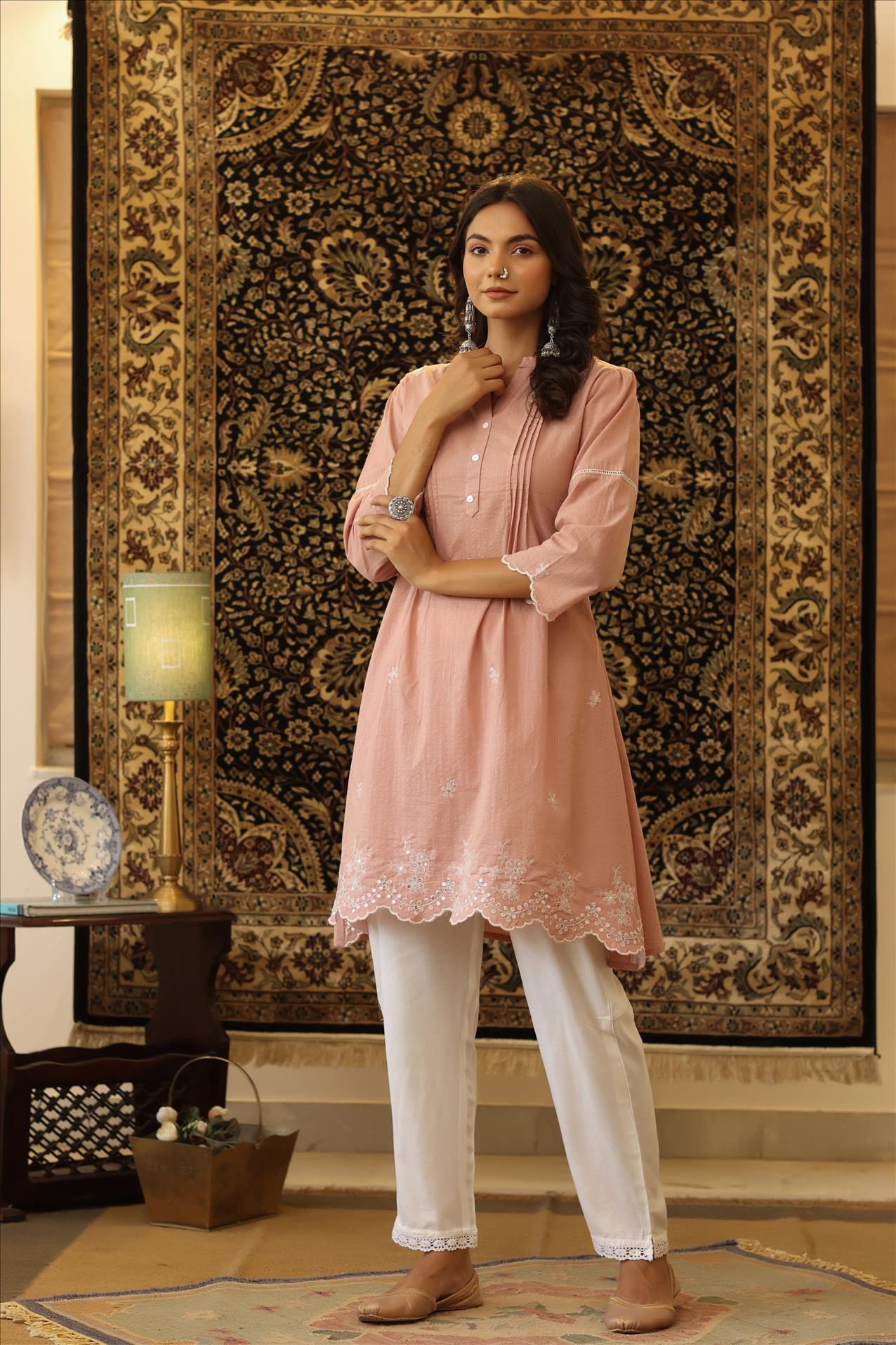 Onion Pink Cotton Lurex Embroidered Pintuck Peplum Tunic With Palazzo