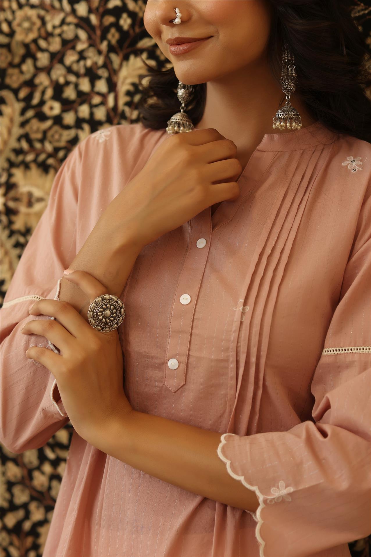 Onion Pink Cotton Lurex Embroidered Pintuck Peplum Tunic With Palazzo