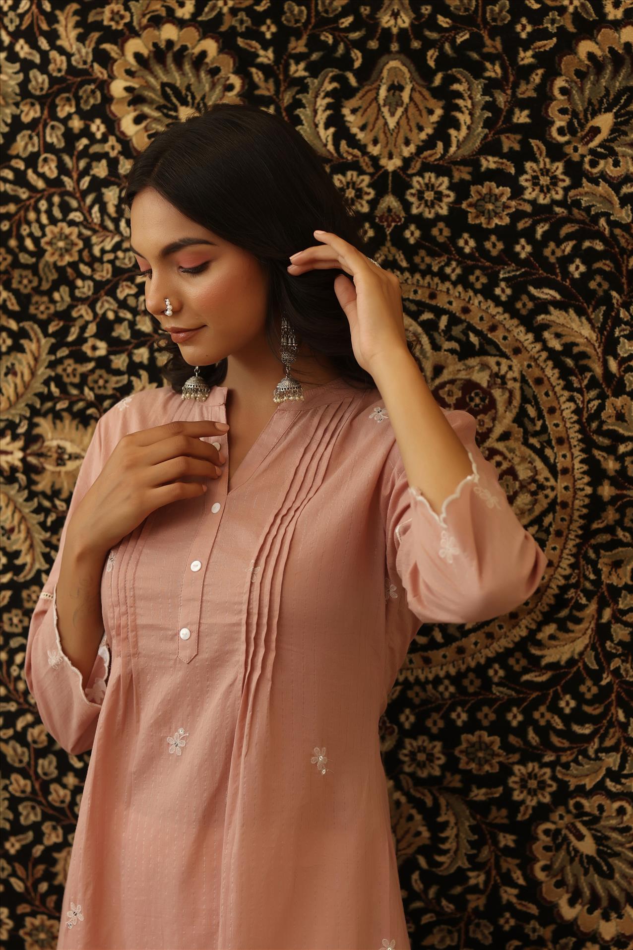 Onion Pink Cotton Lurex Embroidered Pintuck Peplum Tunic With Palazzo