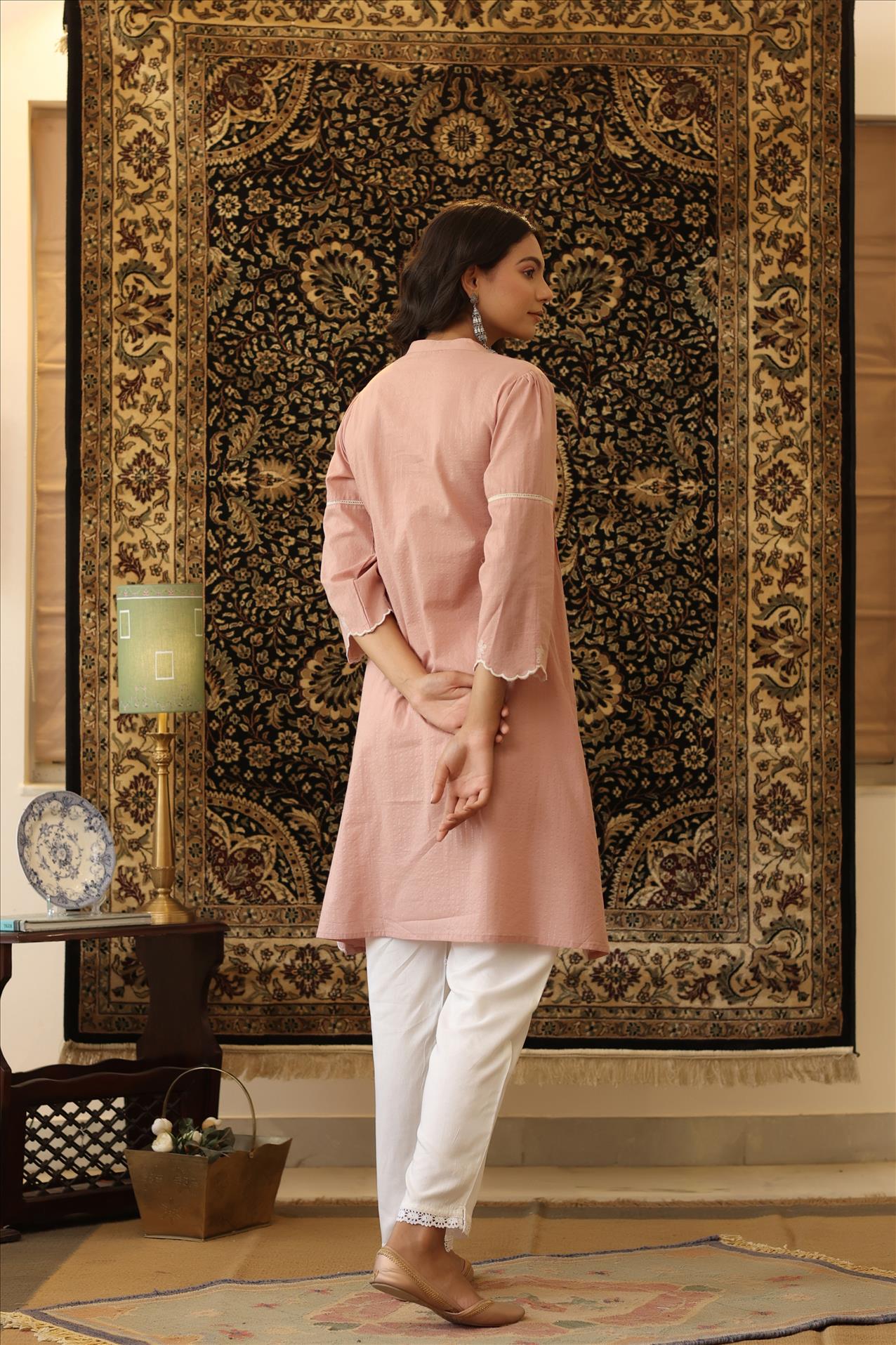 Onion Pink Cotton Lurex Embroidered Pintuck Peplum Tunic With Palazzo