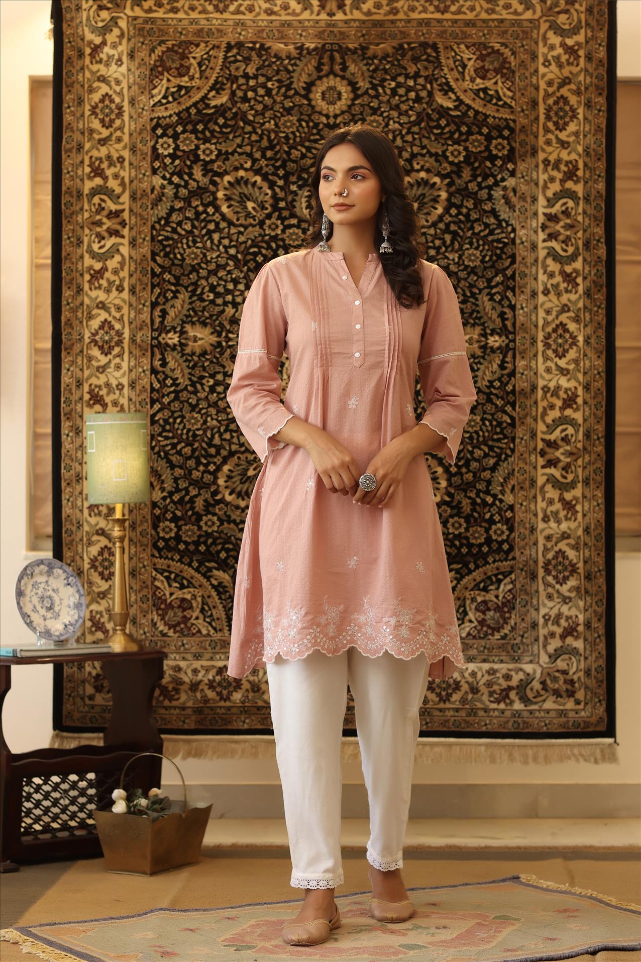 Onion Pink Cotton Lurex Embroidered Pintuck Peplum Tunic With Palazzo