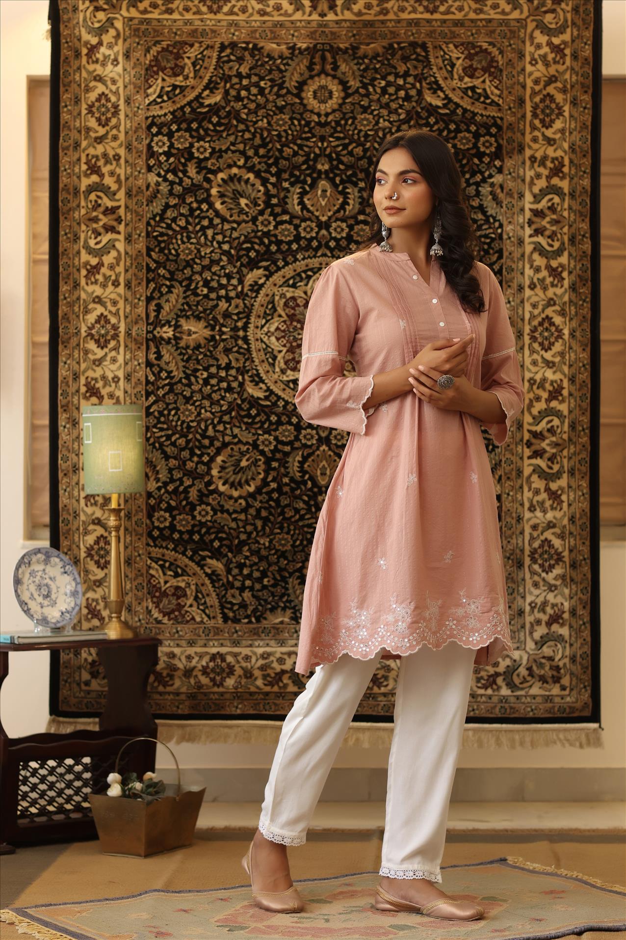 Onion Pink Cotton Lurex Embroidered Pintuck Peplum Tunic With Palazzo
