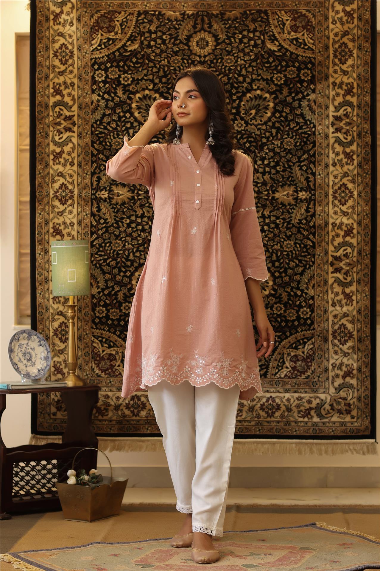 Onion Pink Cotton Lurex Embroidered Pintuck Peplum Tunic With Palazzo