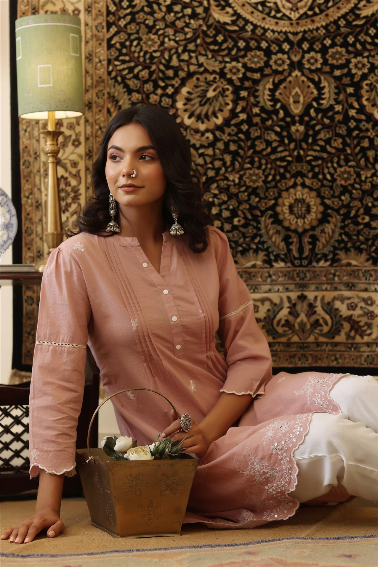 Onion Pink Cotton Lurex Embroidered Pintuck Peplum Tunic With Palazzo