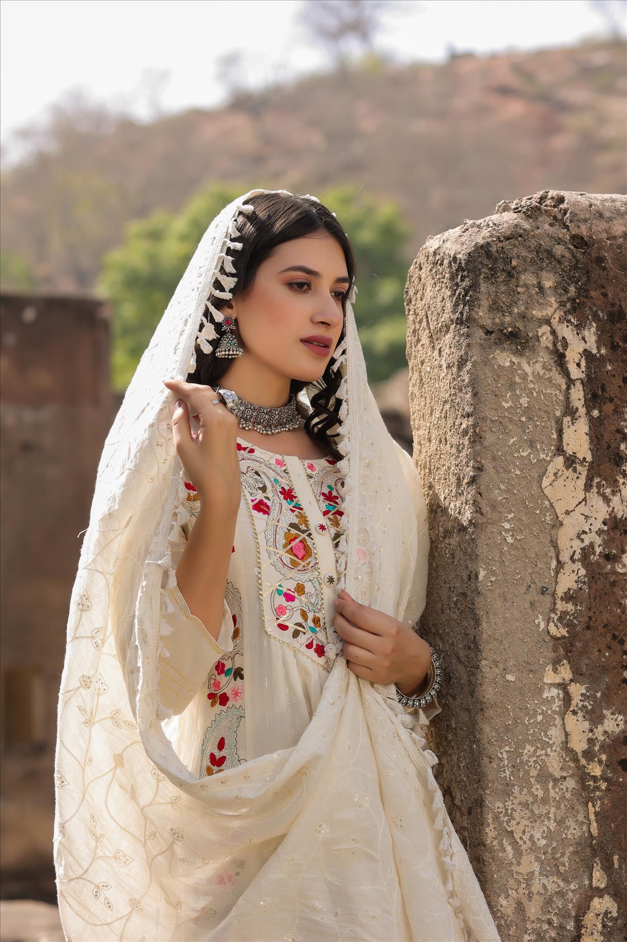 Off White Cotton Dobby Phulkari Embroidered Anarkali Dress With Cotton Jaal Dupatta