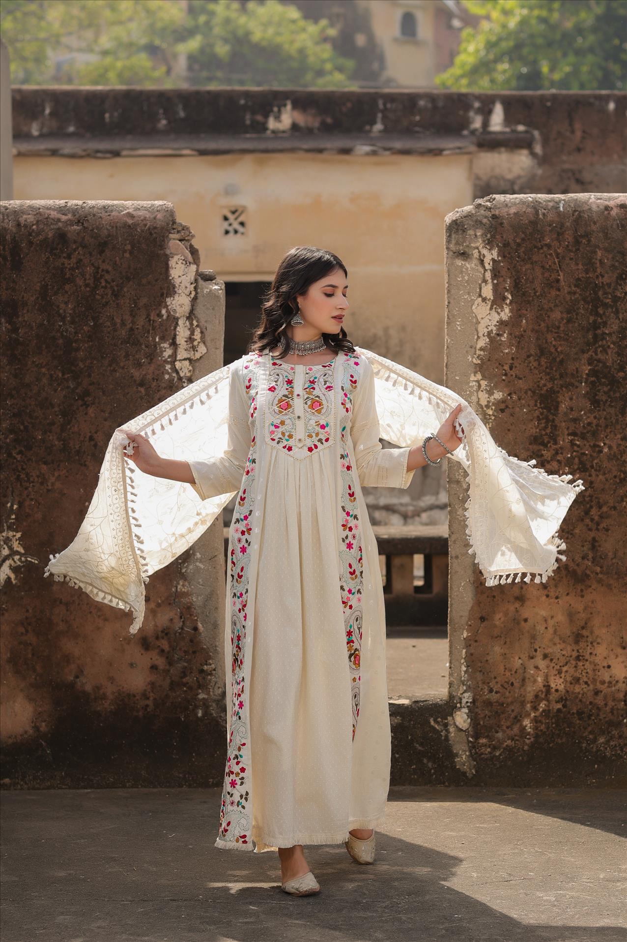 Off White Cotton Dobby Phulkari Embroidered Anarkali Dress With Cotton Jaal Dupatta