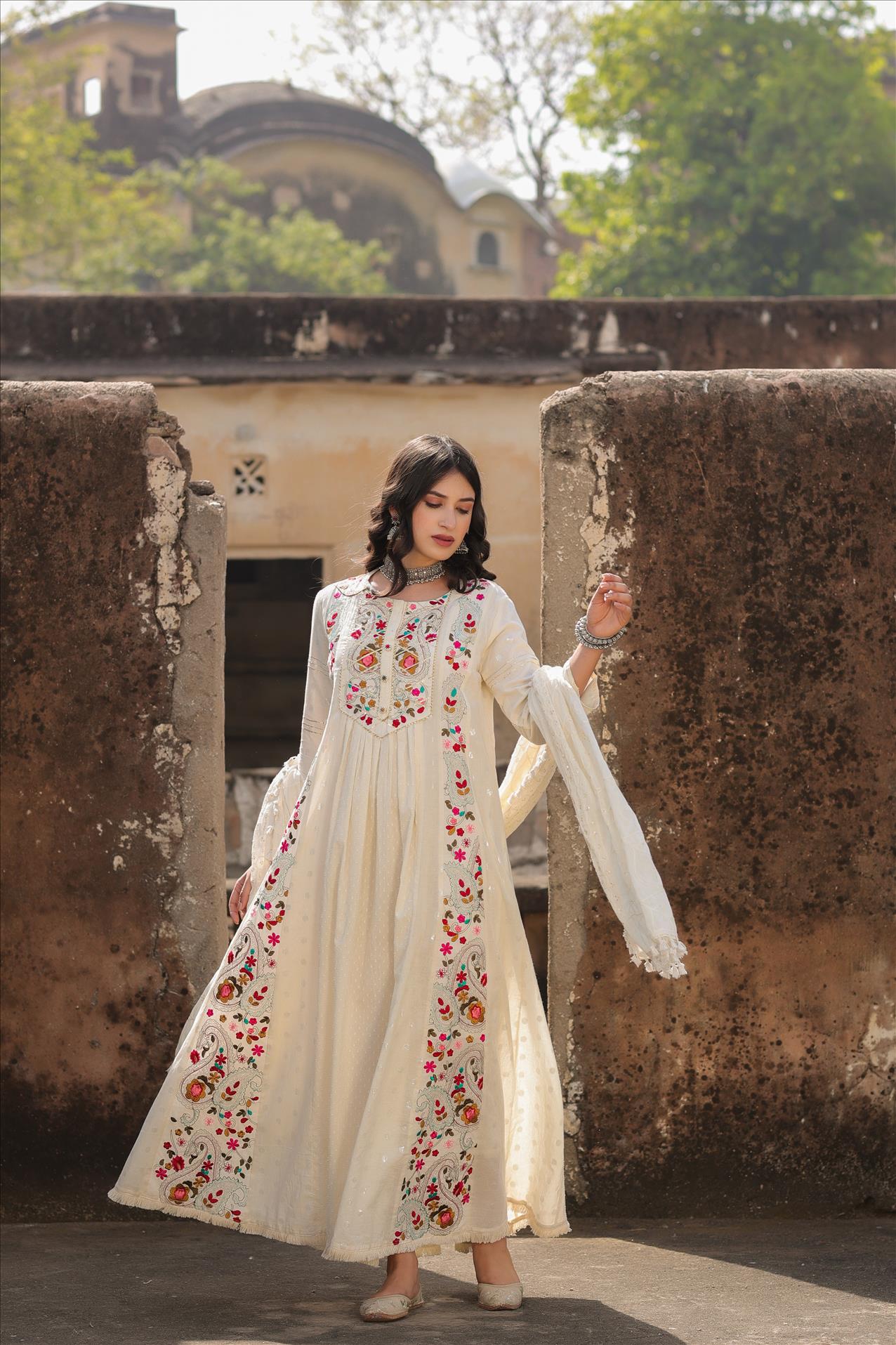 Off White Cotton Dobby Phulkari Embroidered Anarkali Dress With Cotton Jaal Dupatta