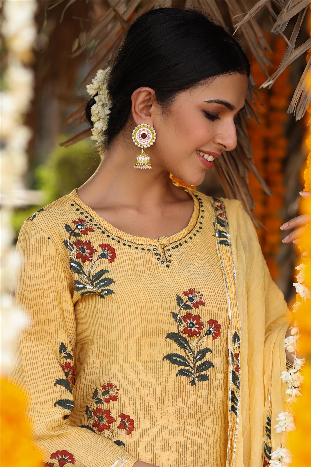 Yellow Modal Floral Print Kurta Sharara Dupatta Set