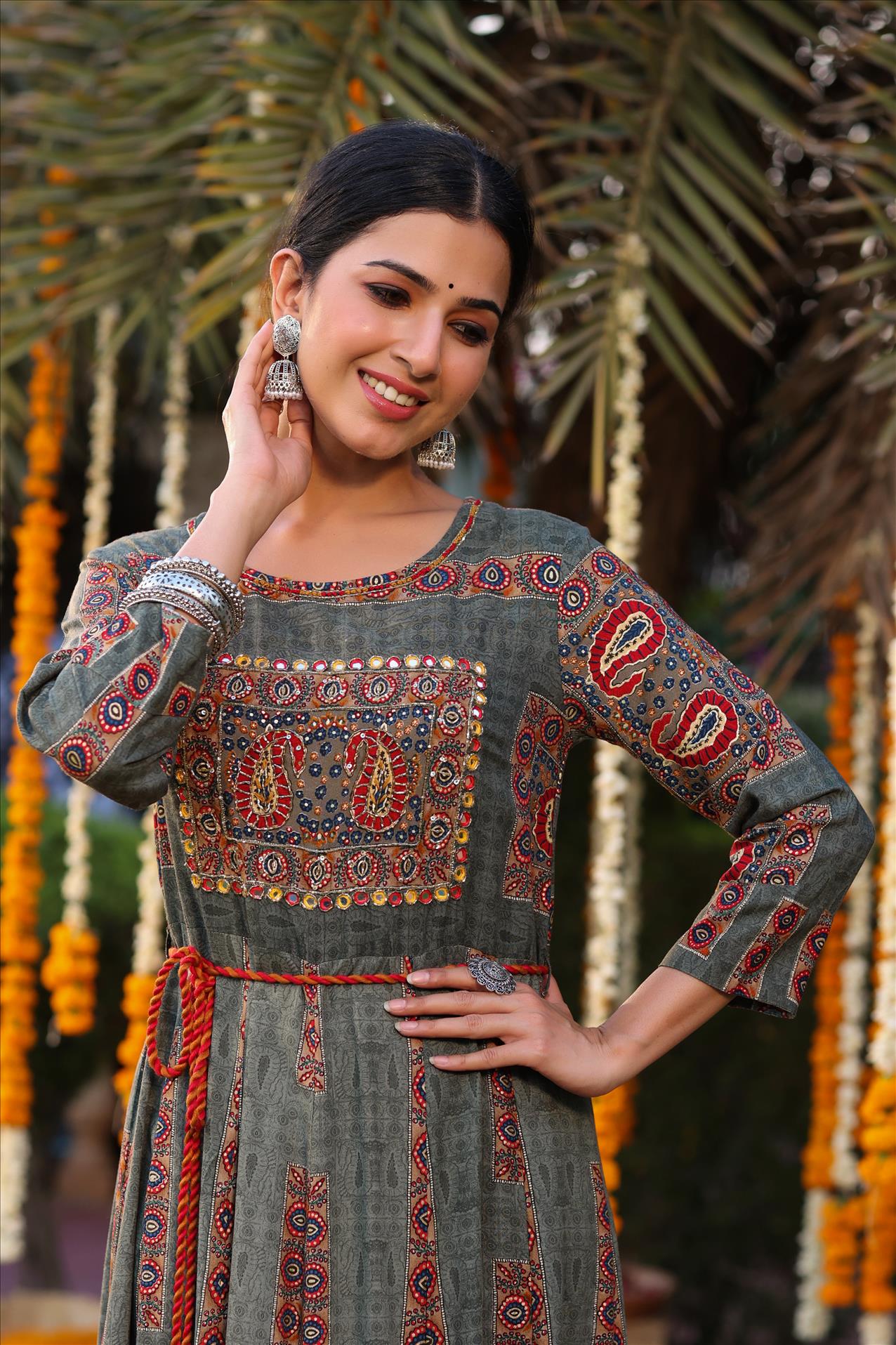 Grey Rayon Printed Embellished Anarkali Dress With Dori Belt