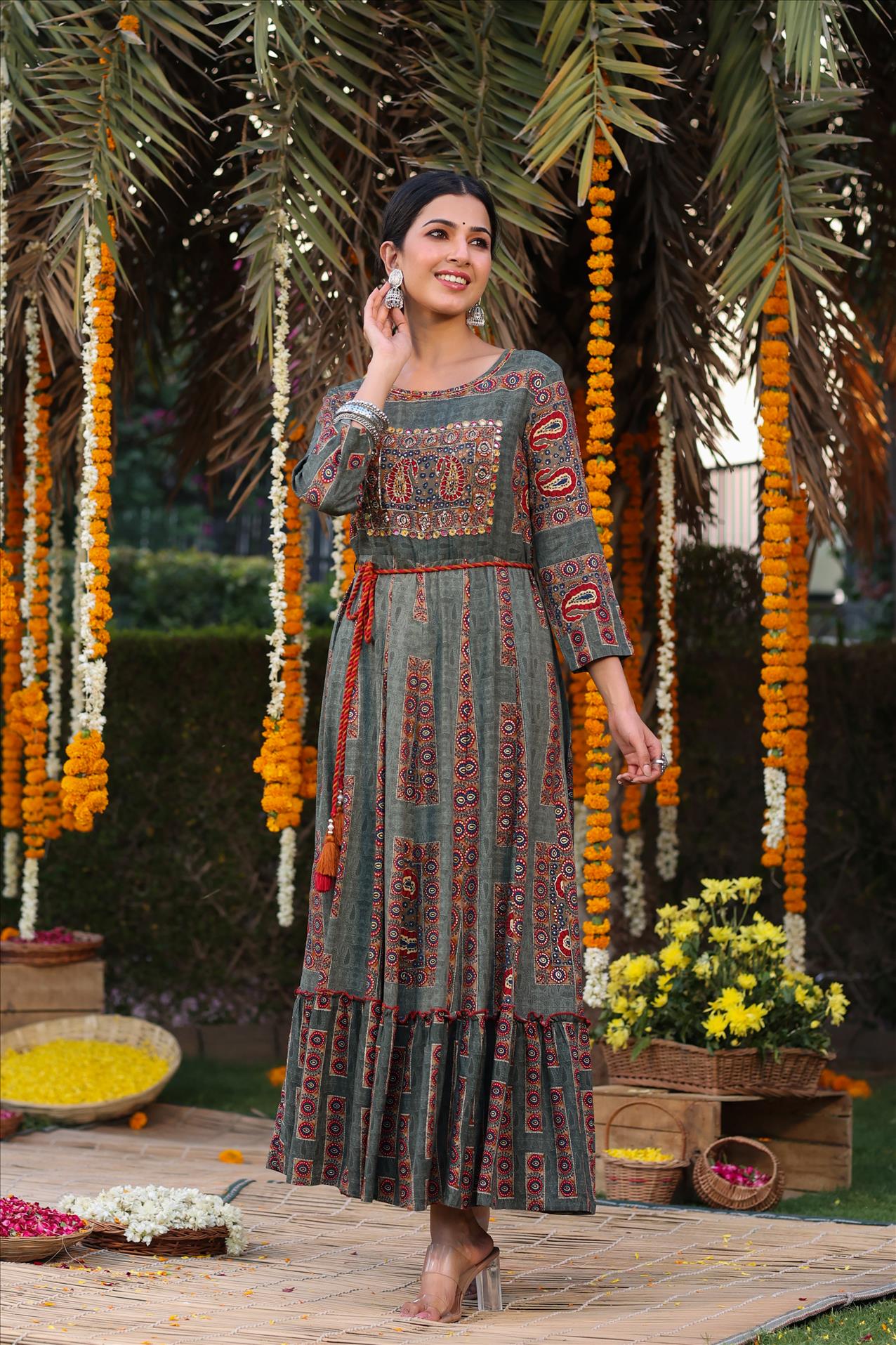 Grey Rayon Printed Embellished Anarkali Dress With Dori Belt