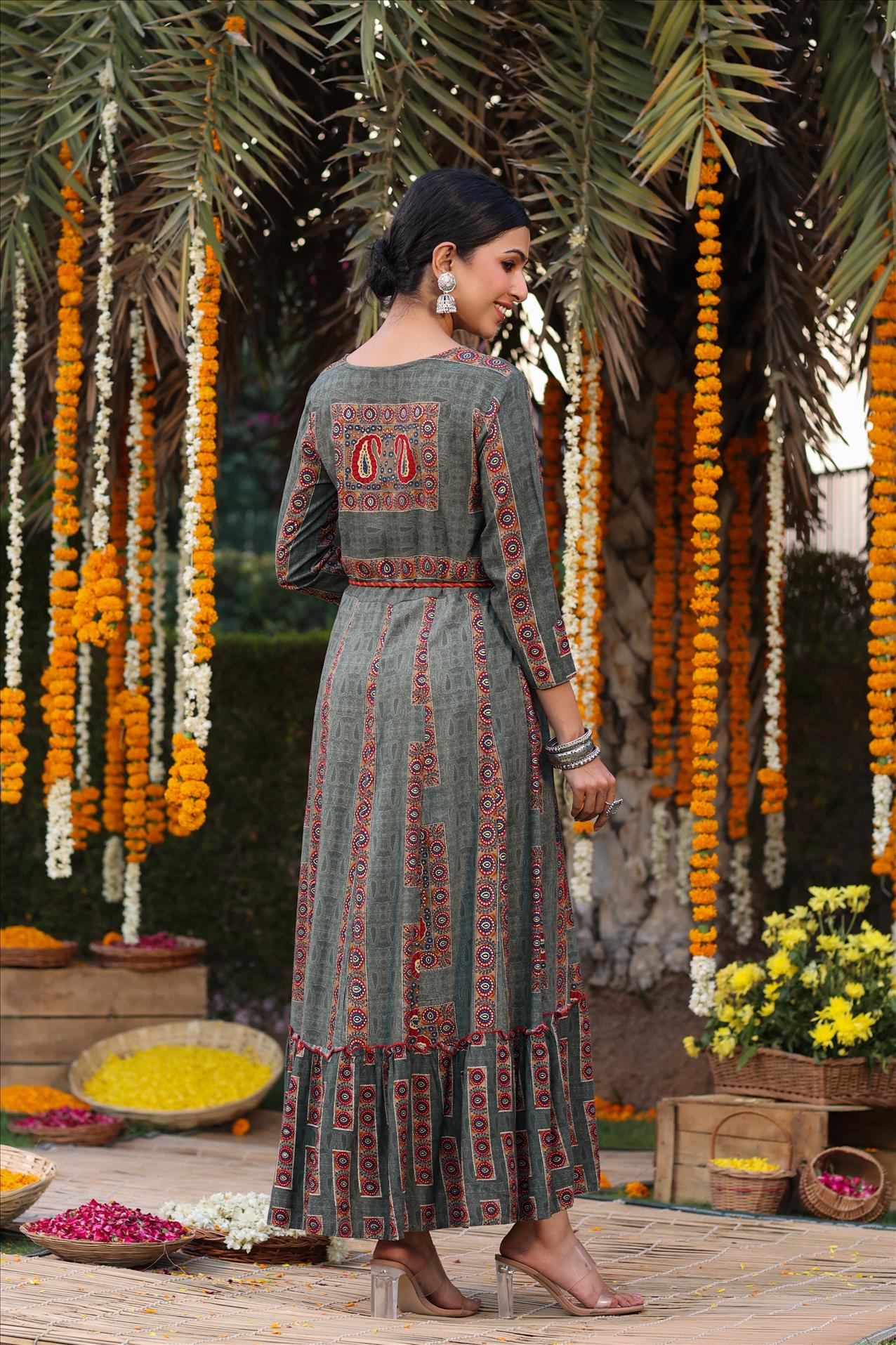 Grey Rayon Printed Embellished Anarkali Dress With Dori Belt