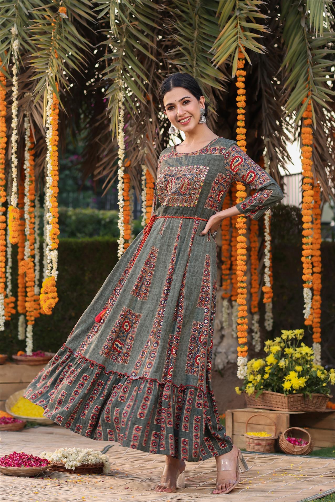 Grey Rayon Printed Embellished Anarkali Dress With Dori Belt