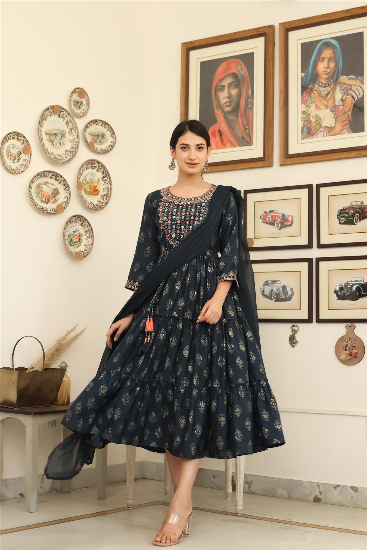 Indigo Modal Embroidered Printed Tiered Dress With Dupatta