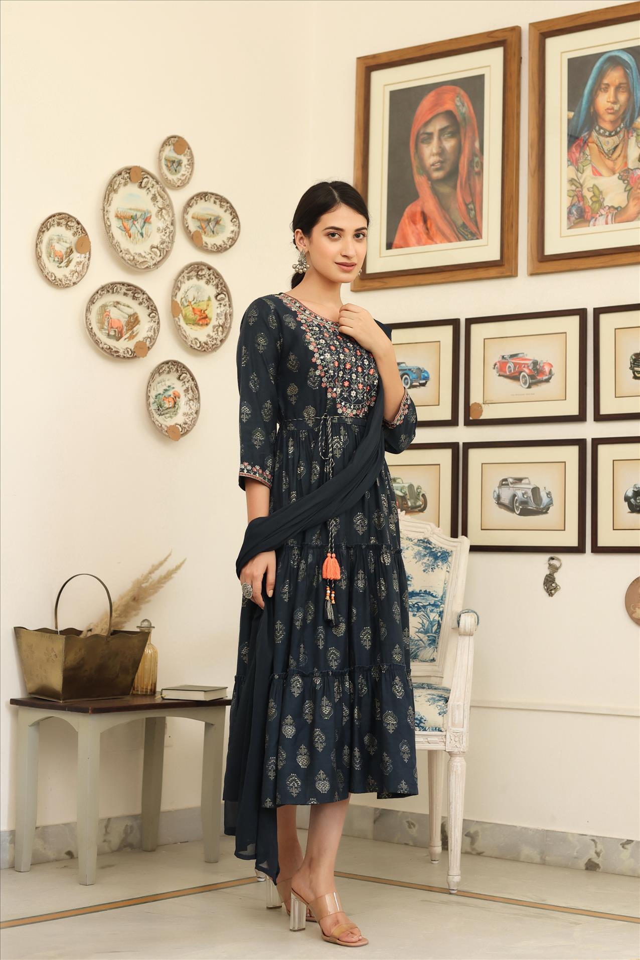 Indigo Modal Embroidered Printed Tiered Dress With Dupatta