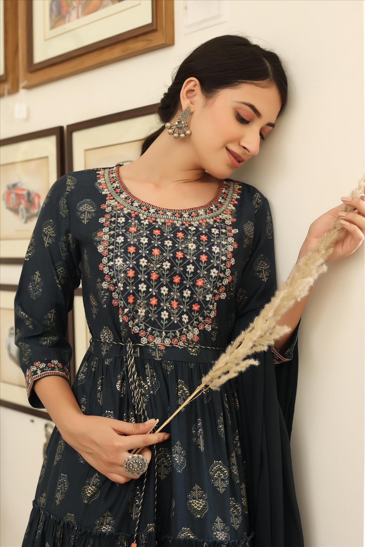 Indigo Modal Embroidered Printed Tiered Dress With Dupatta