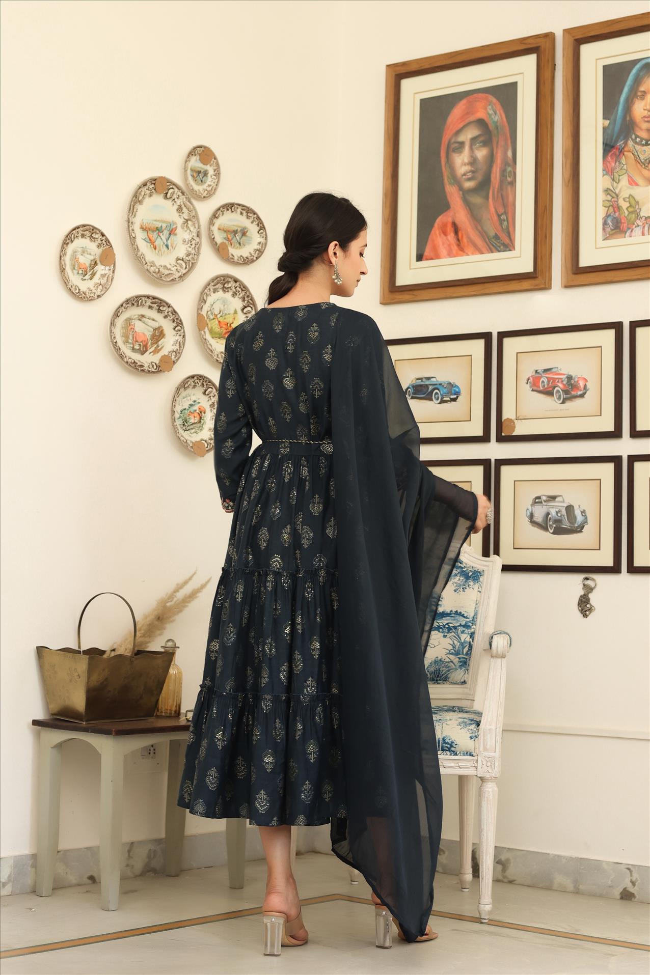 Indigo Modal Embroidered Printed Tiered Dress With Dupatta