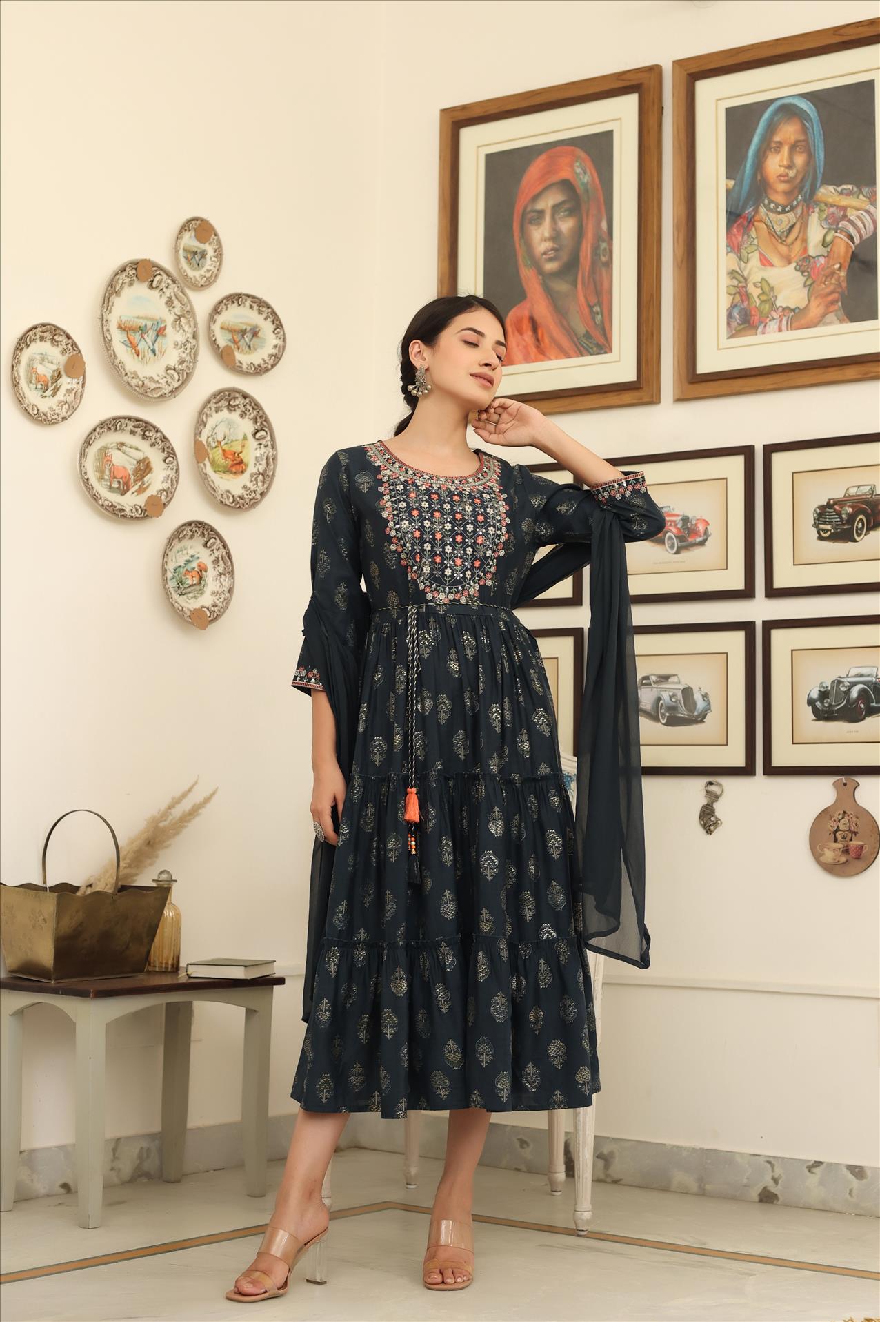 Indigo Modal Embroidered Printed Tiered Dress With Dupatta