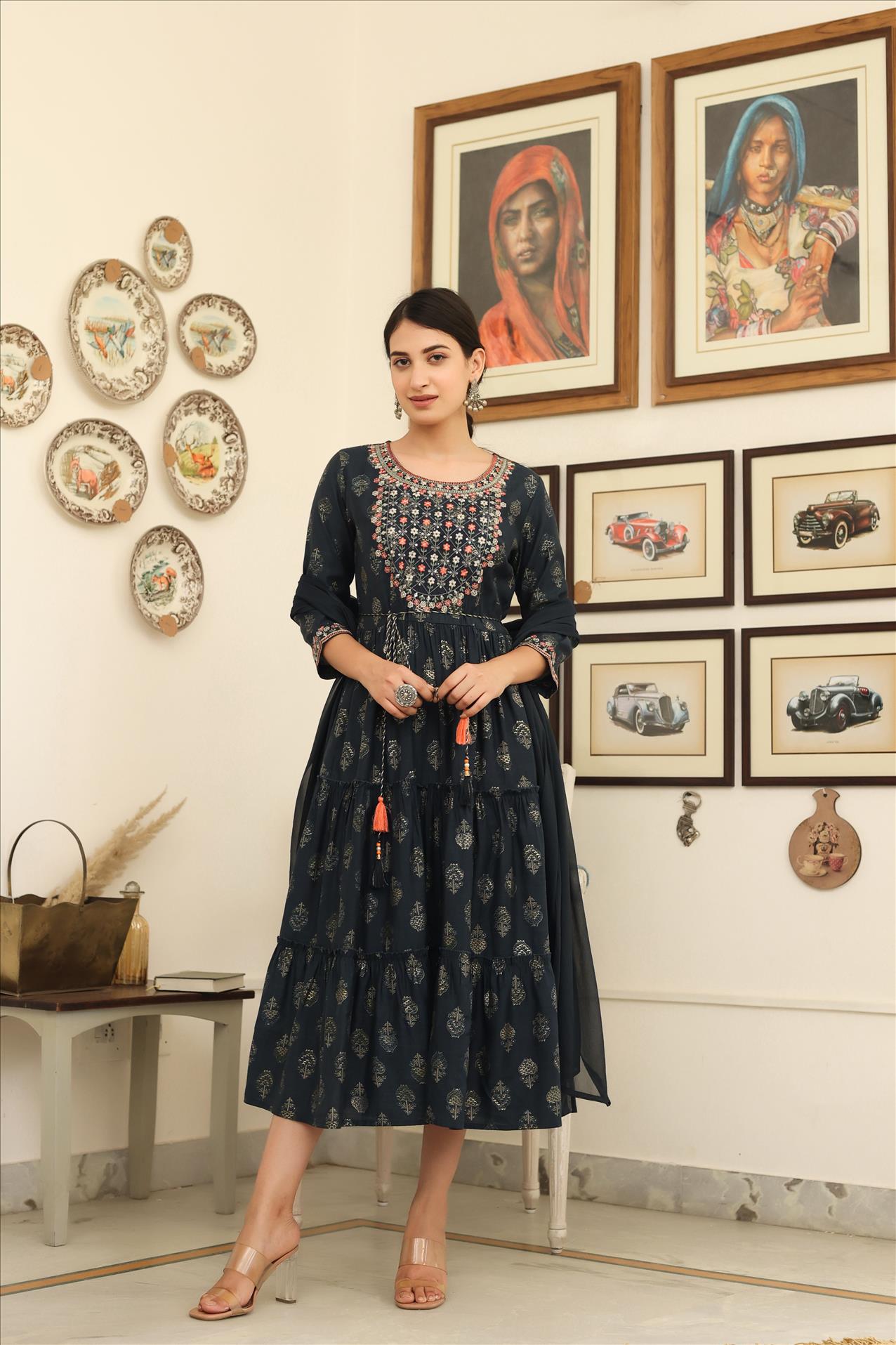 Indigo Modal Embroidered Printed Tiered Dress With Dupatta