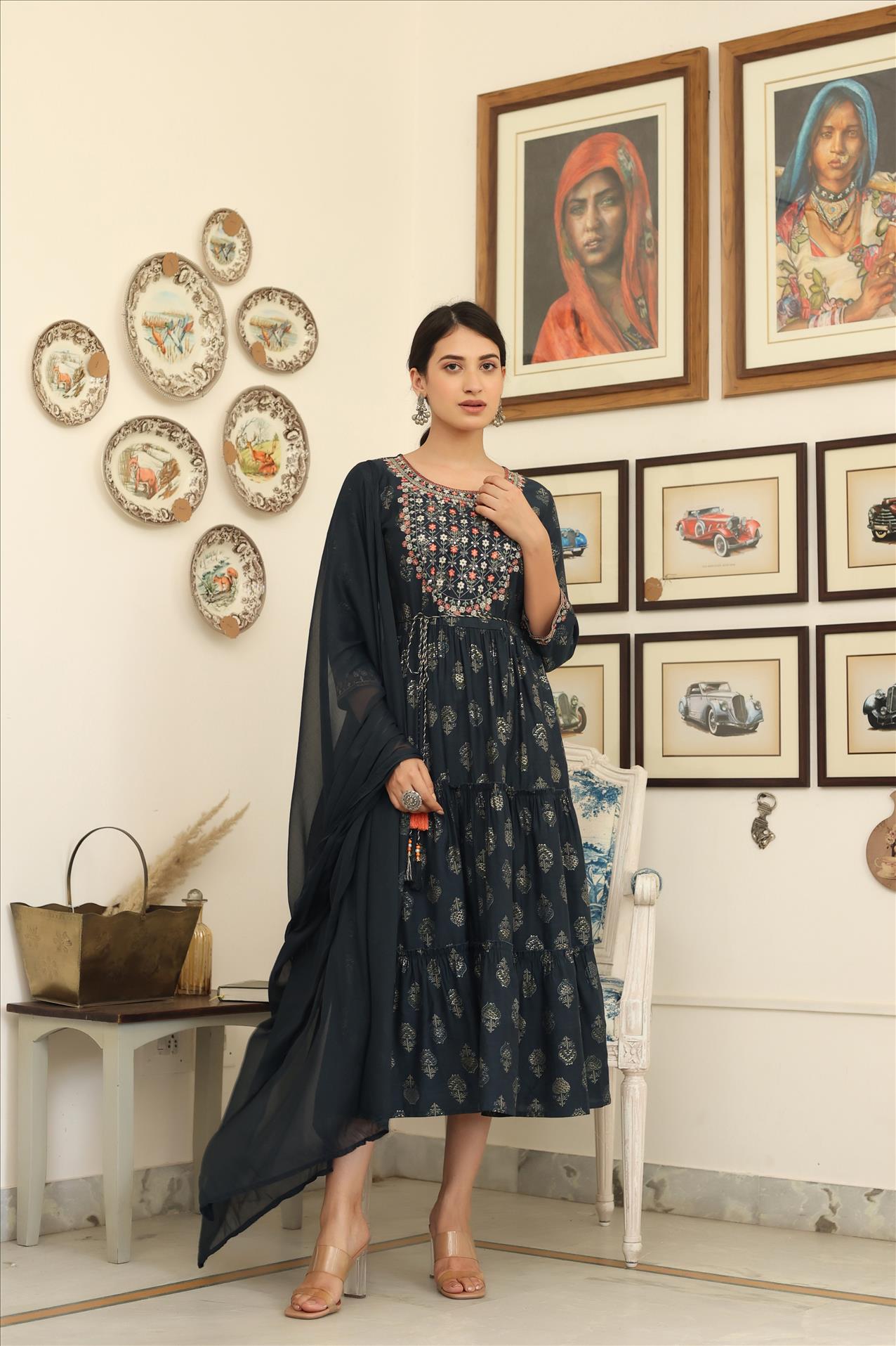 Indigo Modal Embroidered Printed Tiered Dress With Dupatta