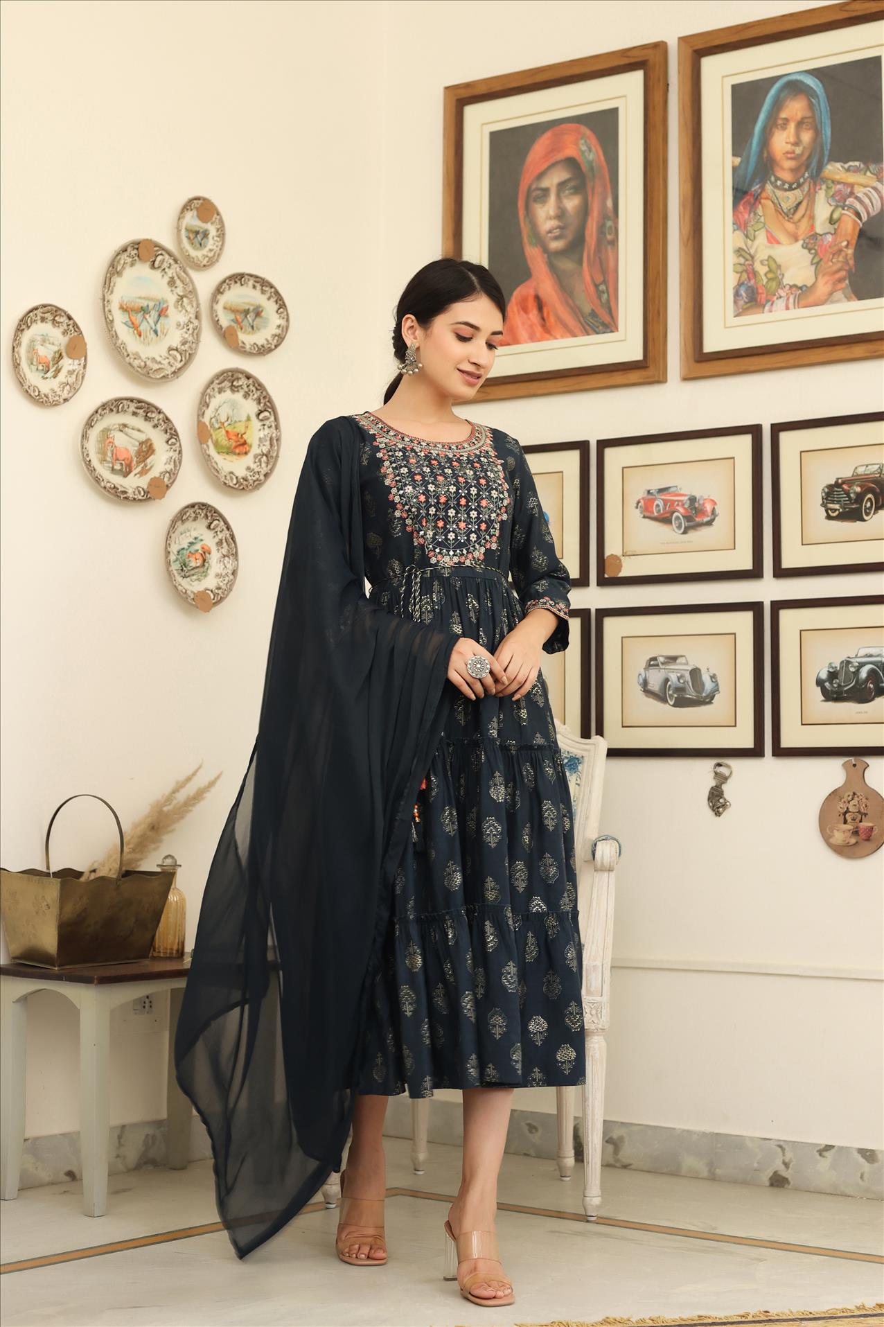 Indigo Modal Embroidered Printed Tiered Dress With Dupatta