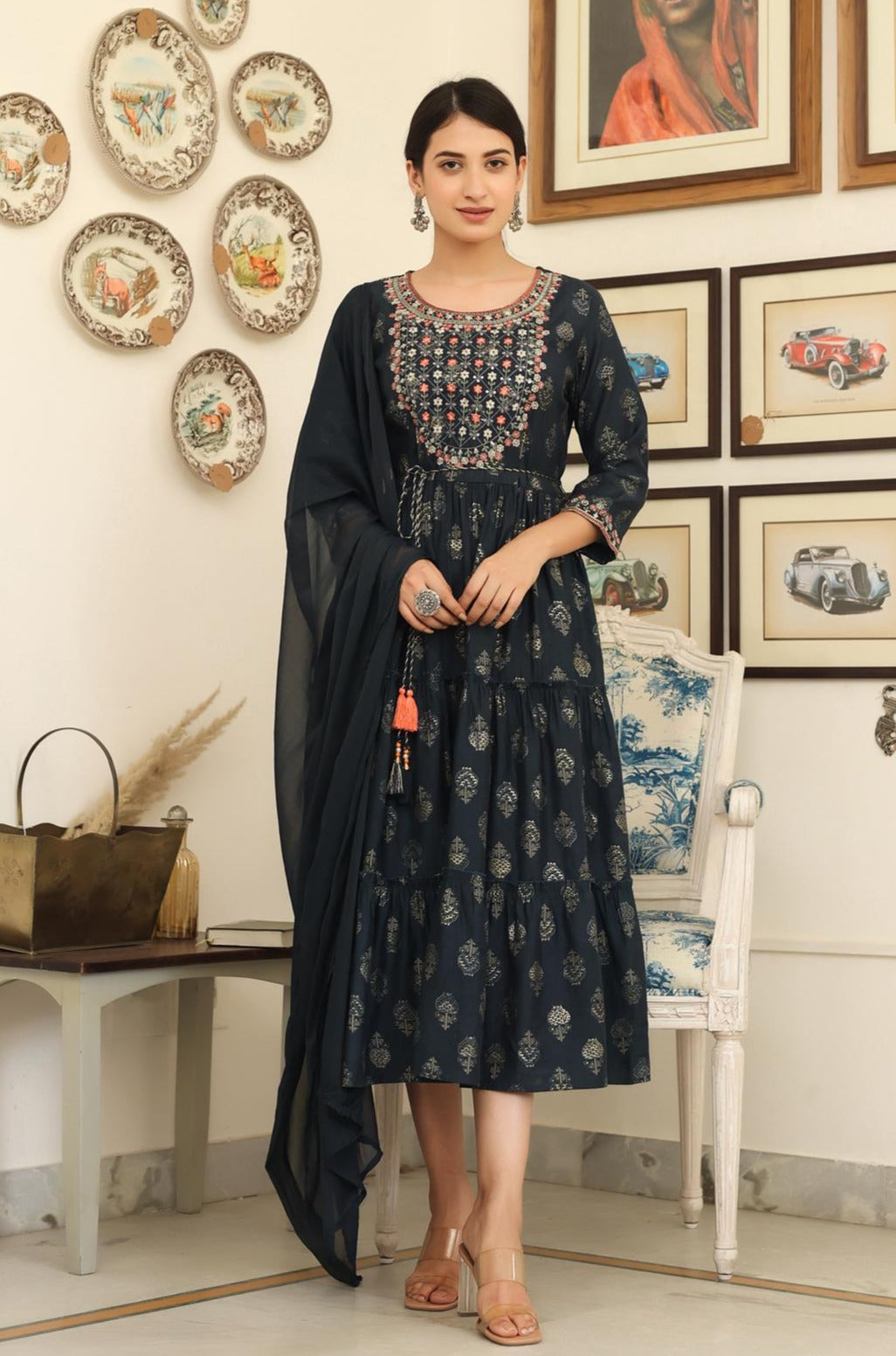 Indigo Modal Embroidered Printed Tiered Dress With Dupatta