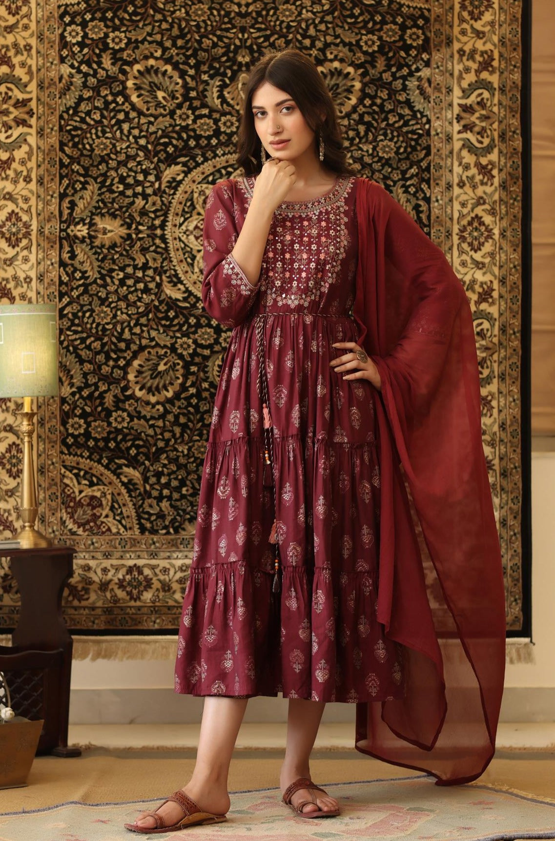 Maroon Modal Embroidered Yoke Design Printed Tiered Kurta Dress With Chiffon Dupatta And Dori Belt