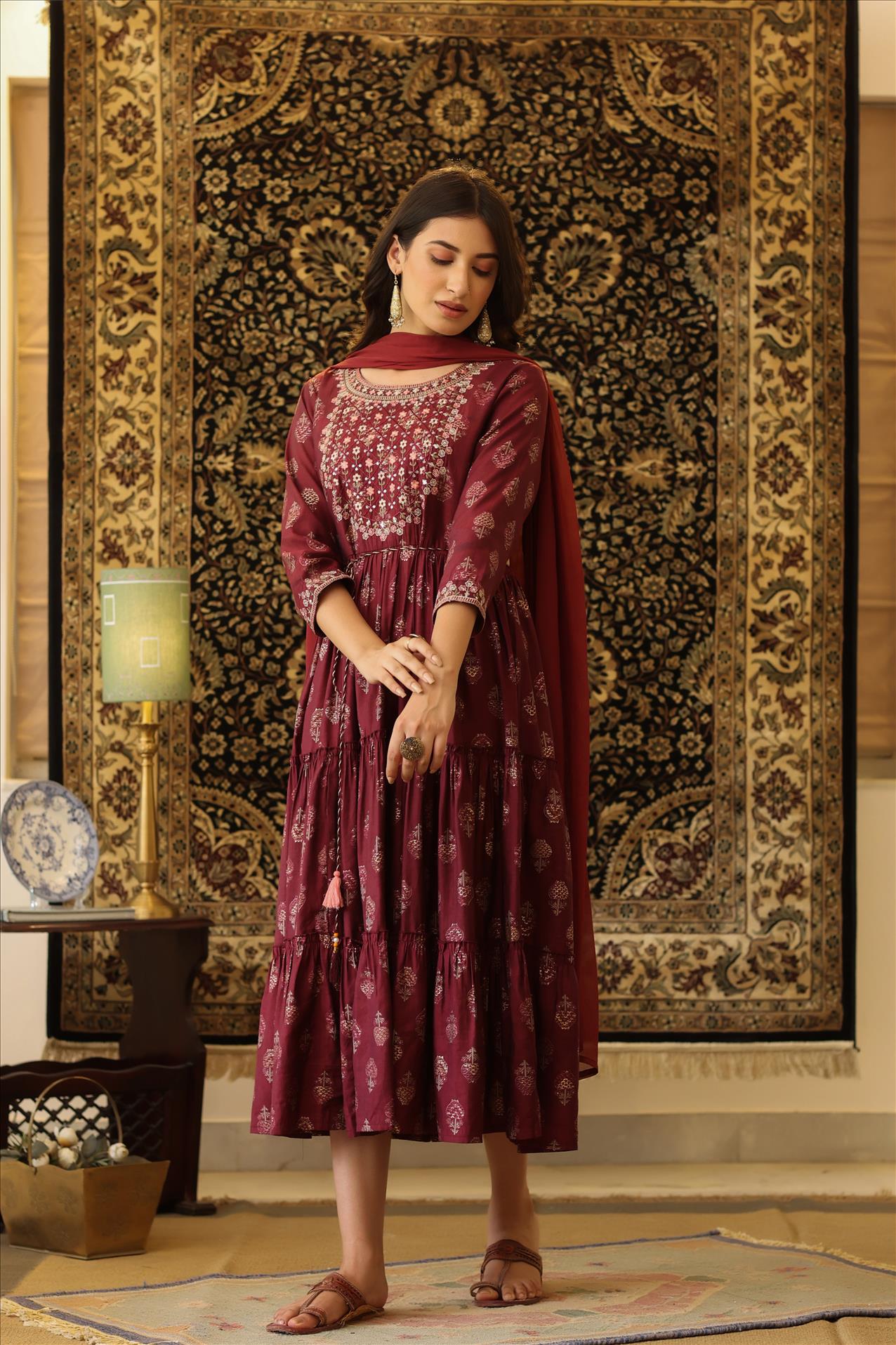 Maroon Modal Embroidered Yoke Design Printed Tiered Kurta Dress With Chiffon Dupatta And Dori Belt